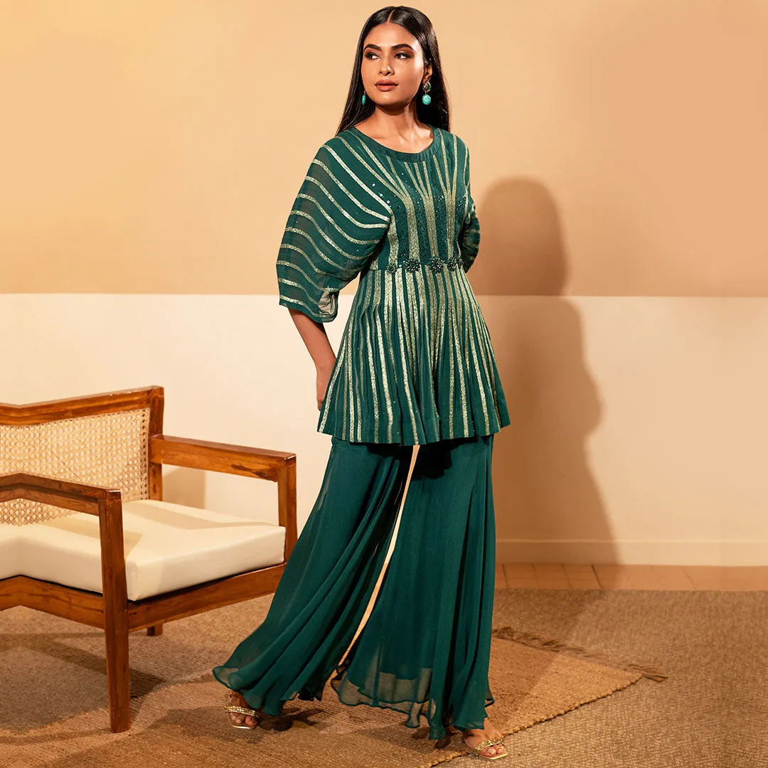 Emarald Green Pleated Palazzo And Sequinned Tunic