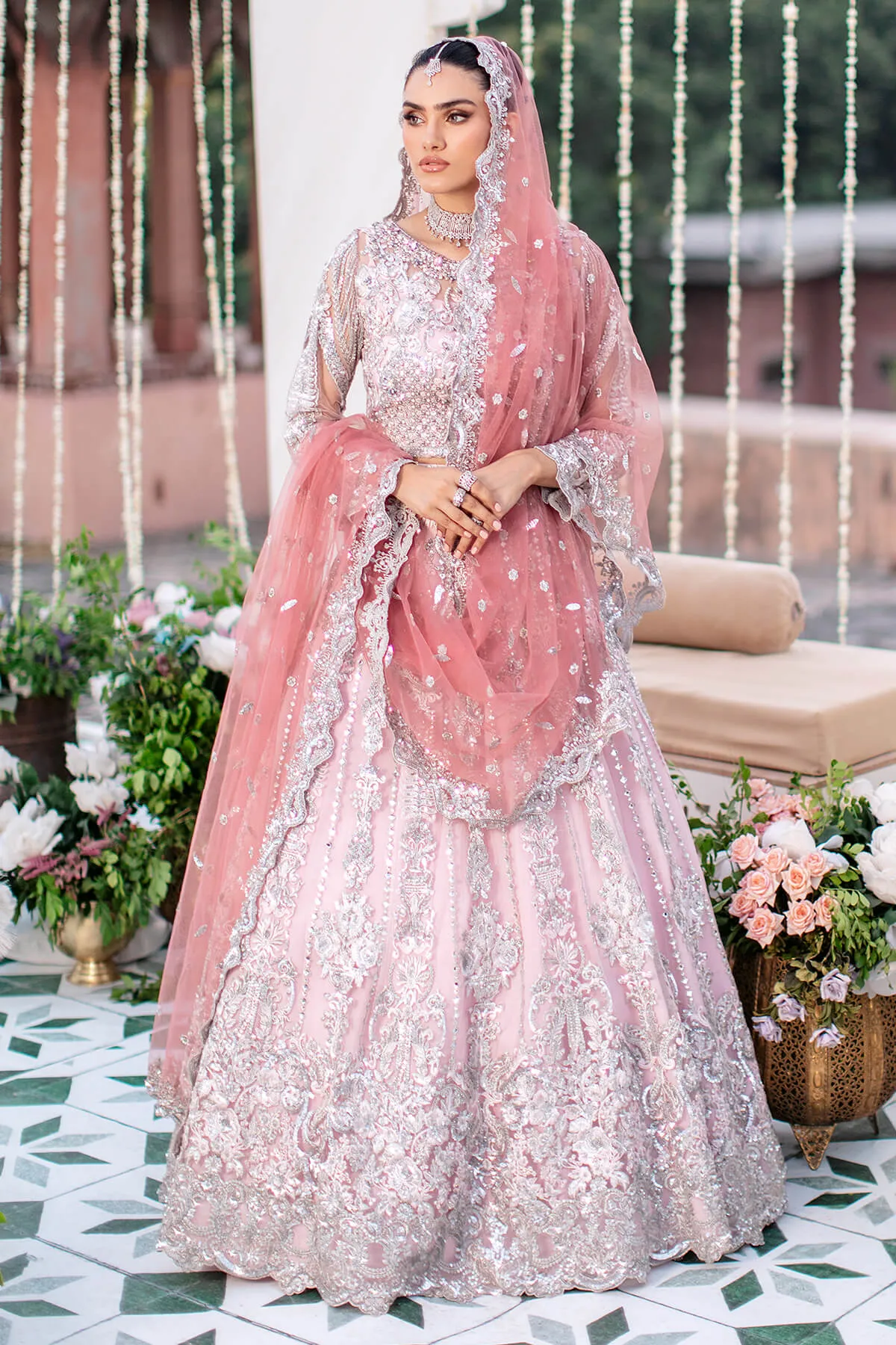 Embroidered Pakistani Party Dress Pishwas in Bright Pink Shade