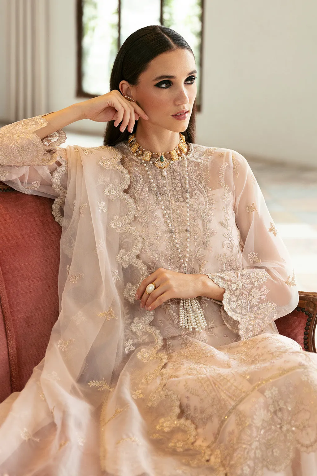 Embroidered Soft Pink Pakistani Party Dress in Kameez Trousers Style