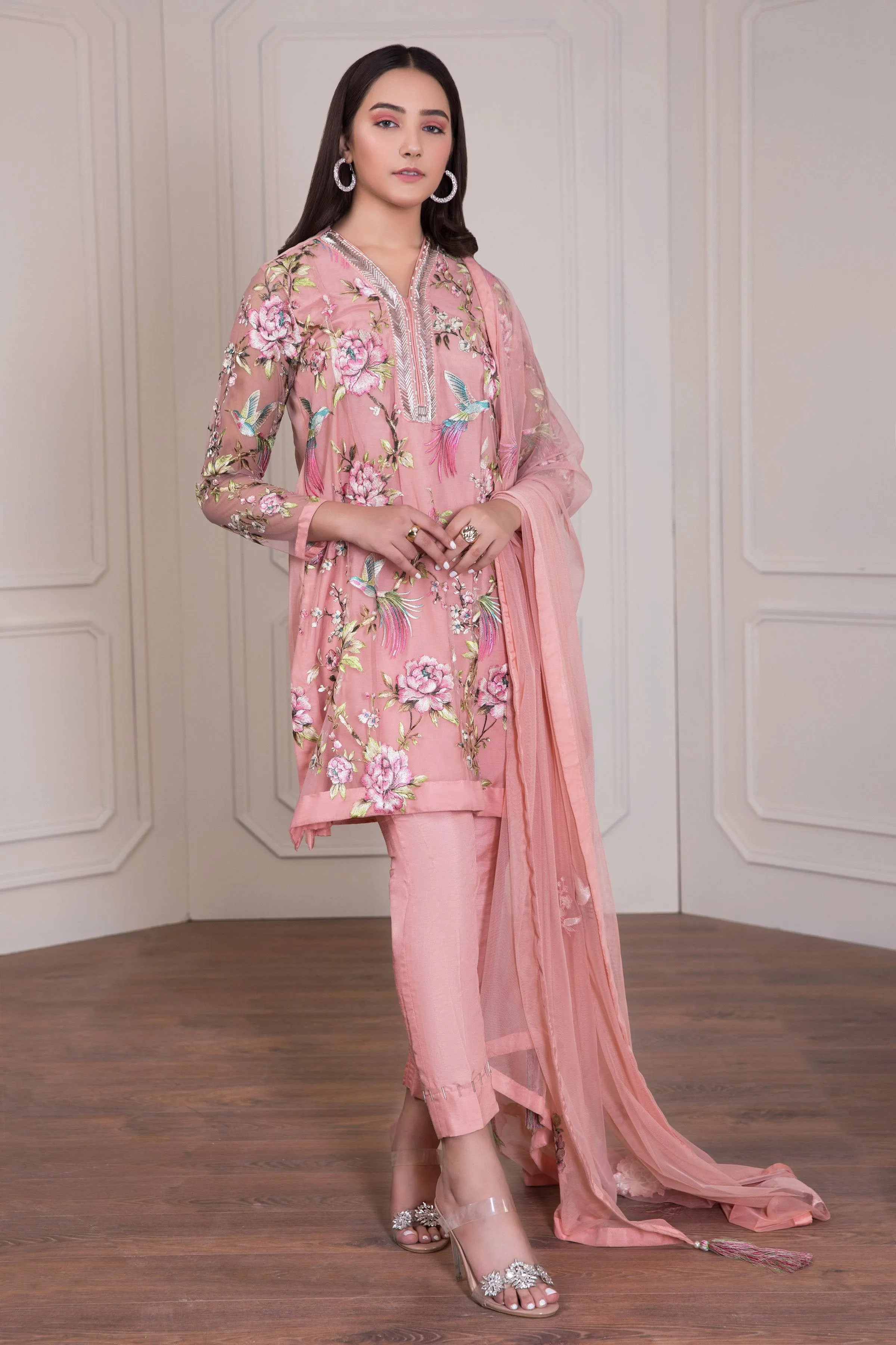 Fancy Pakistani dress in beautiful tea pink color # P2223