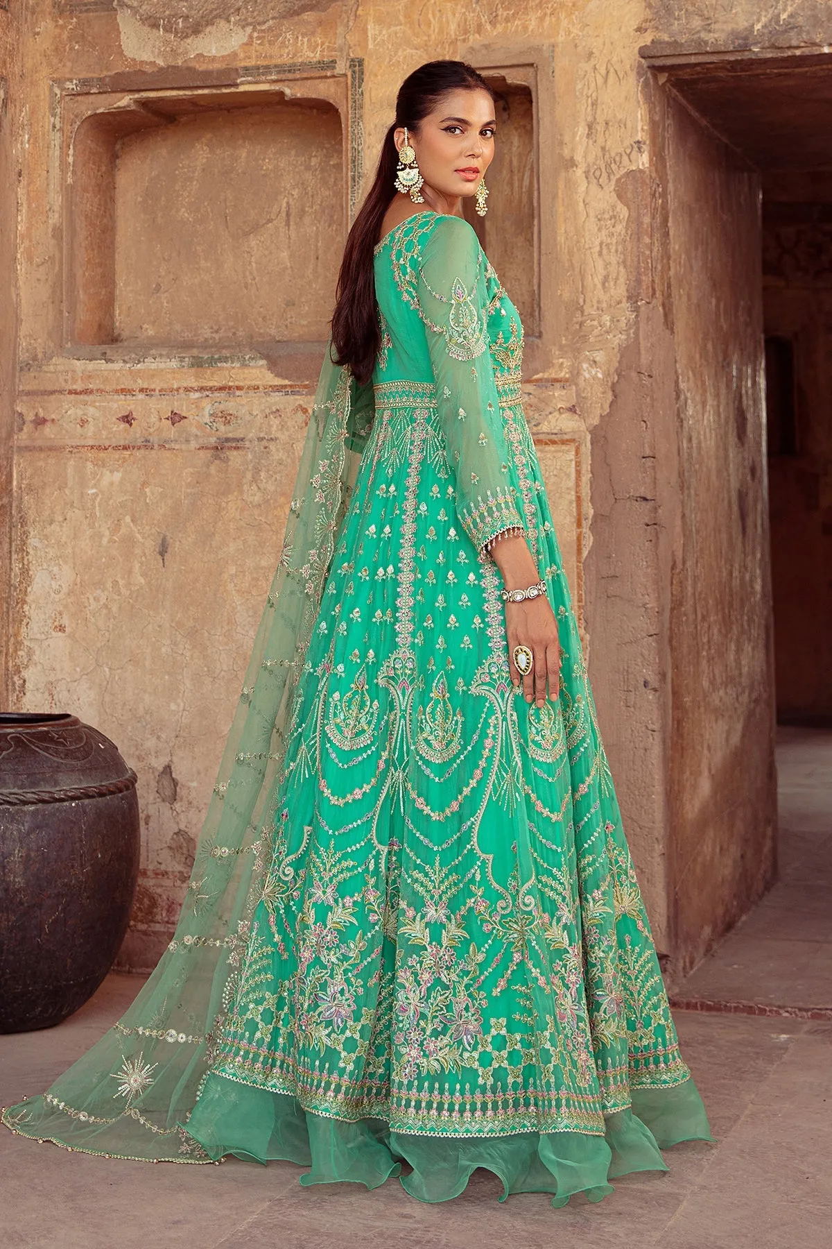Ferozi Embellished Pakistani Wedding Dress in Kalidar Pishwas Style