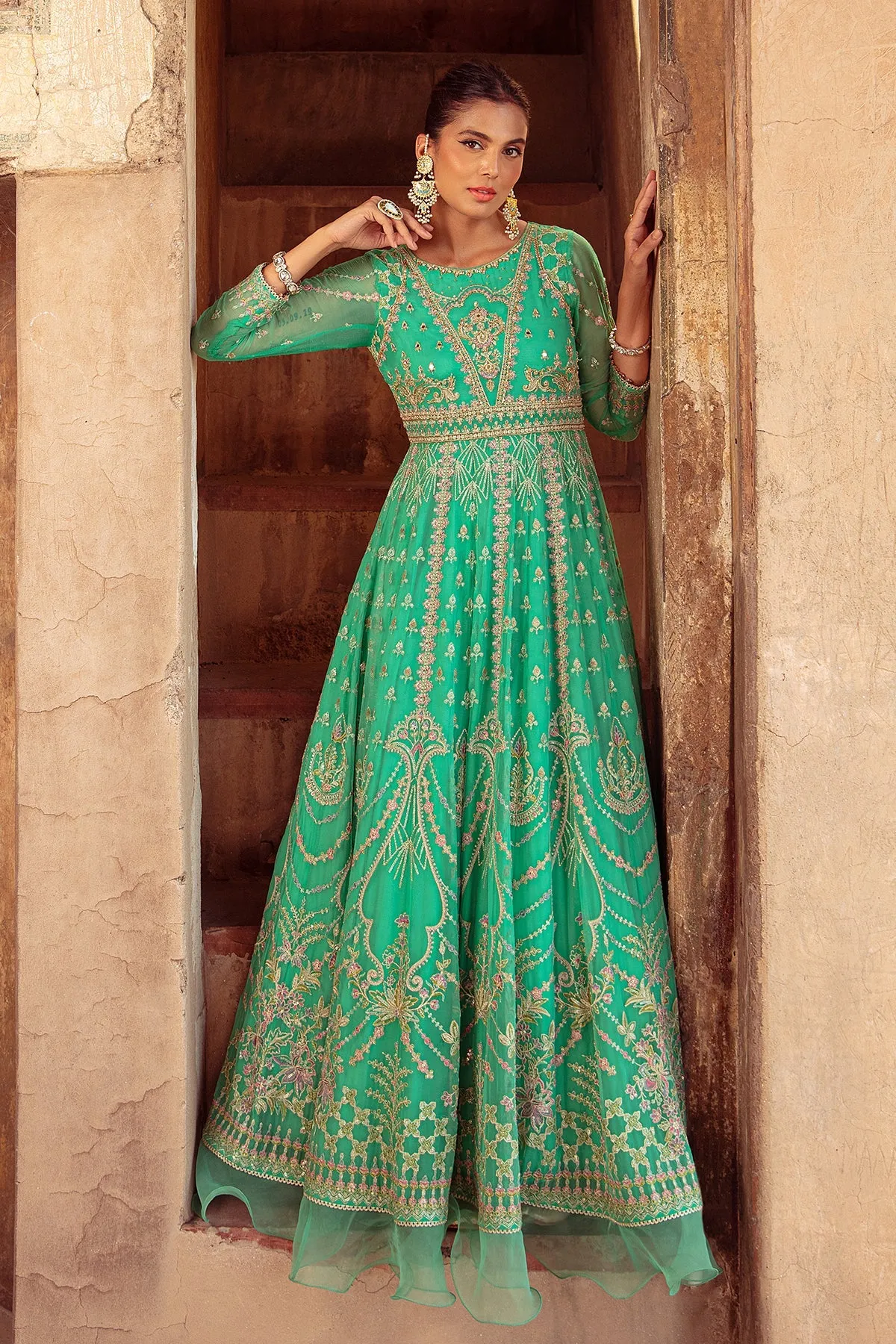 Ferozi Embellished Pakistani Wedding Dress in Kalidar Pishwas Style