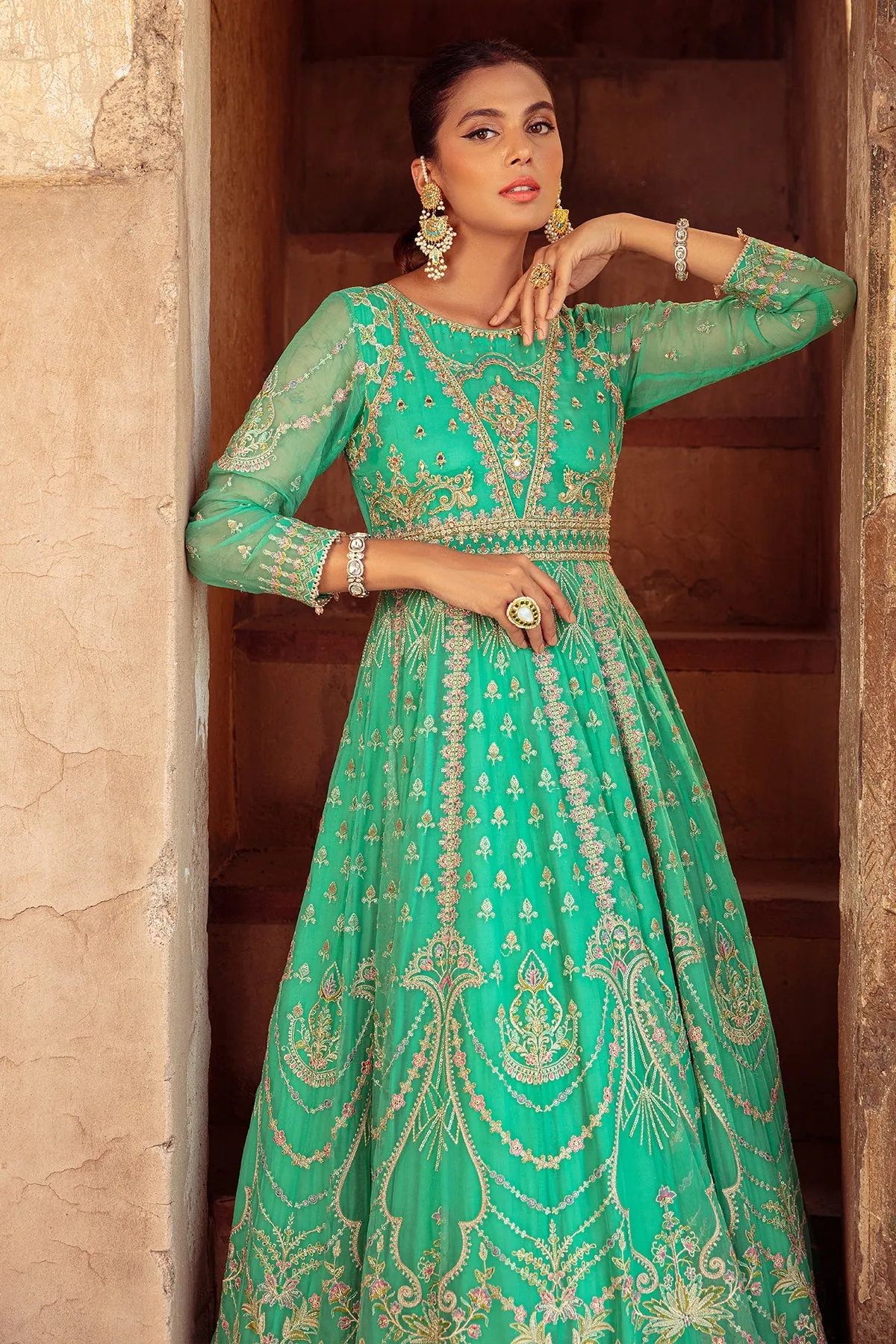 Ferozi Embellished Pakistani Wedding Dress in Kalidar Pishwas Style