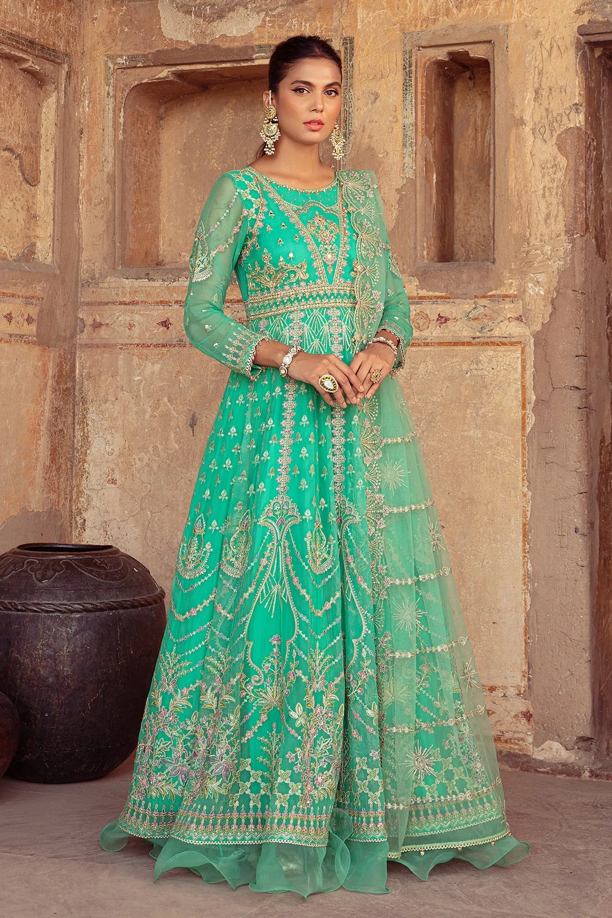 Ferozi Embellished Pakistani Wedding Dress in Kalidar Pishwas Style