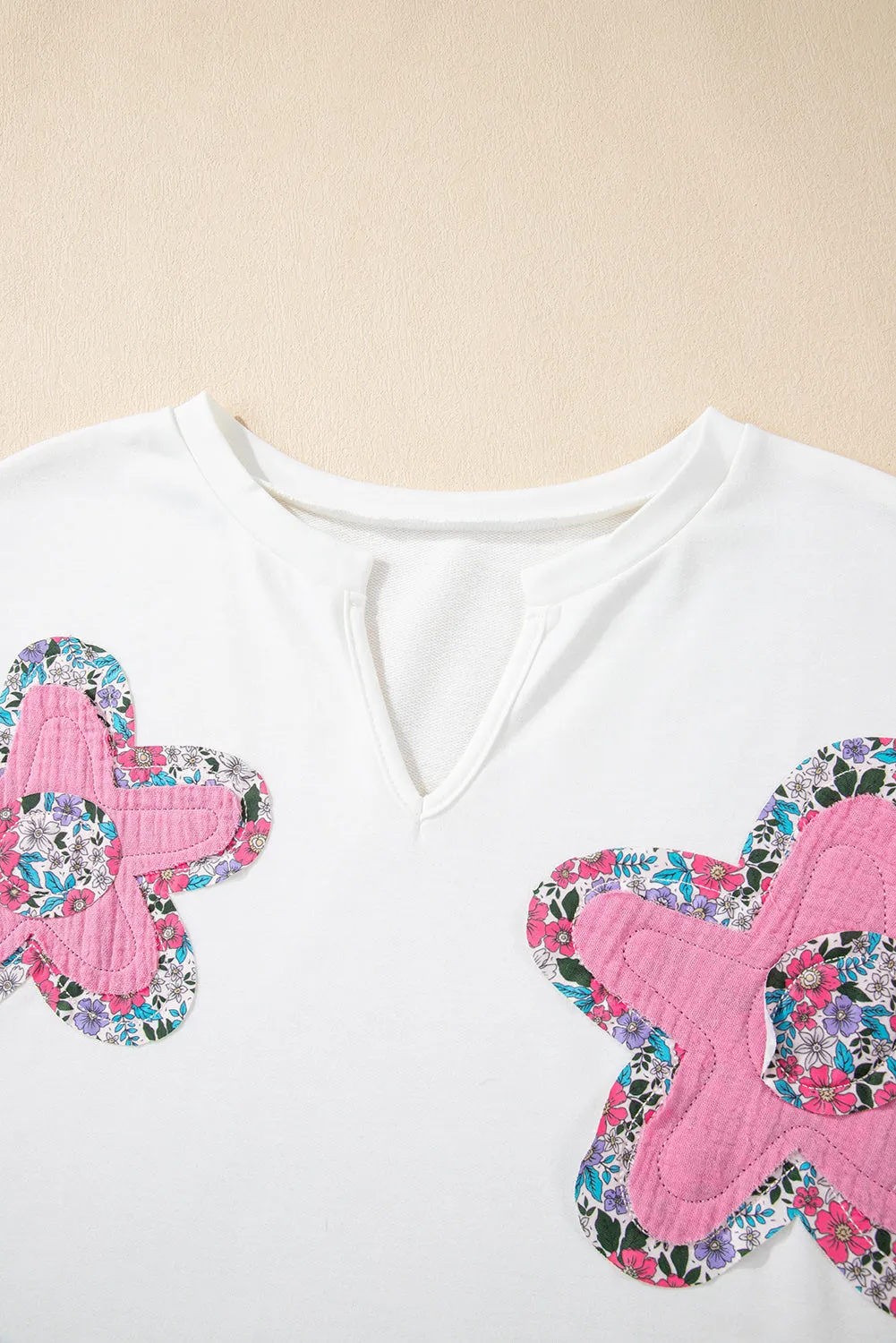 Floral Applique Notched V Neck Dolman Sleeve Top FW25226714-P1