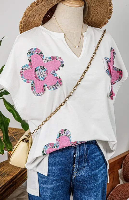 Floral Applique Notched V Neck Dolman Sleeve Top FW25226714-P1