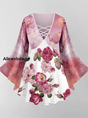 Floral Art Print V-Neck Long Sleeve Top