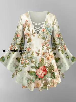Floral Art Print V-Neck Long Sleeve Top