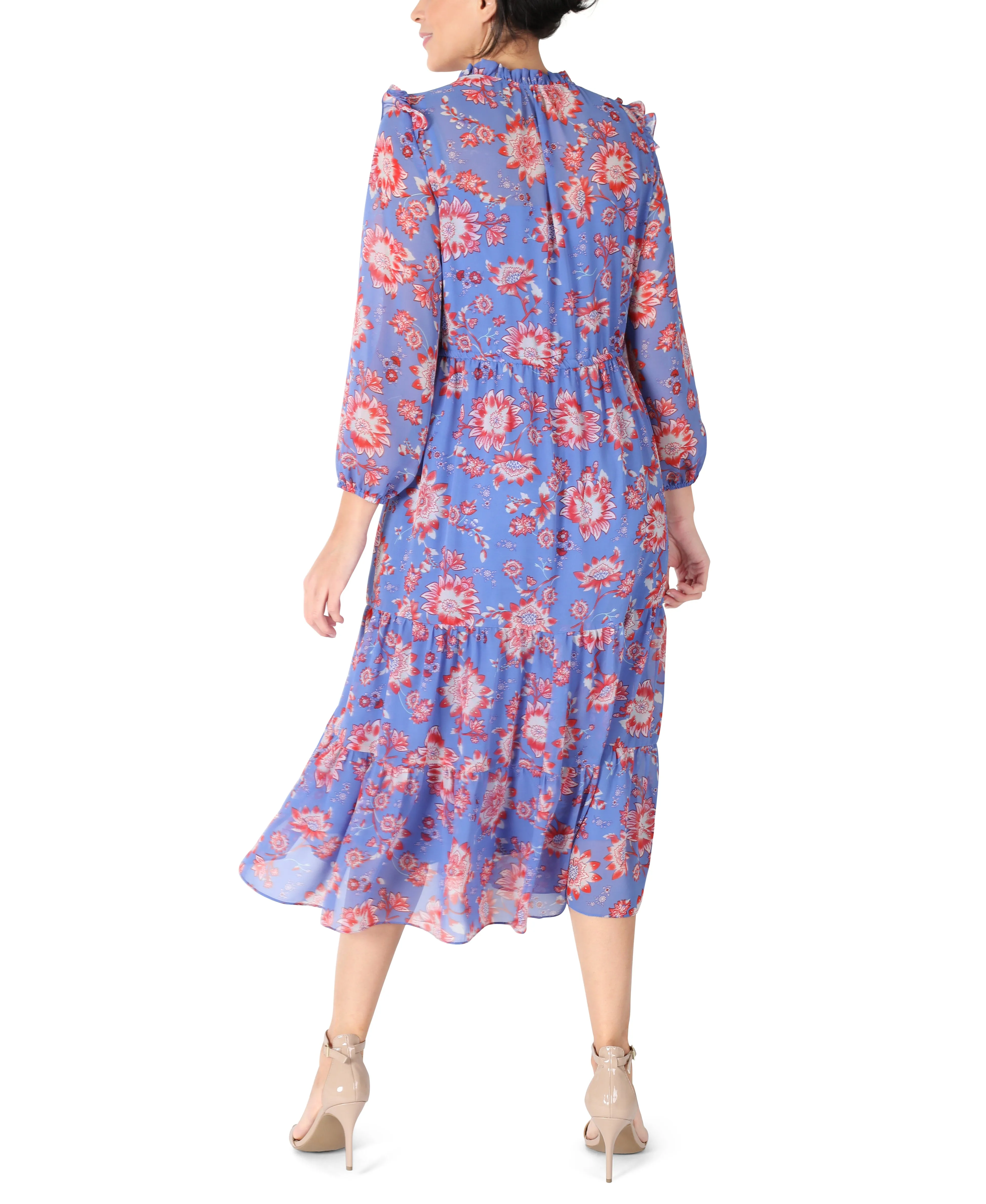Floral Chiffon Tiered Midi Drawstring Waist