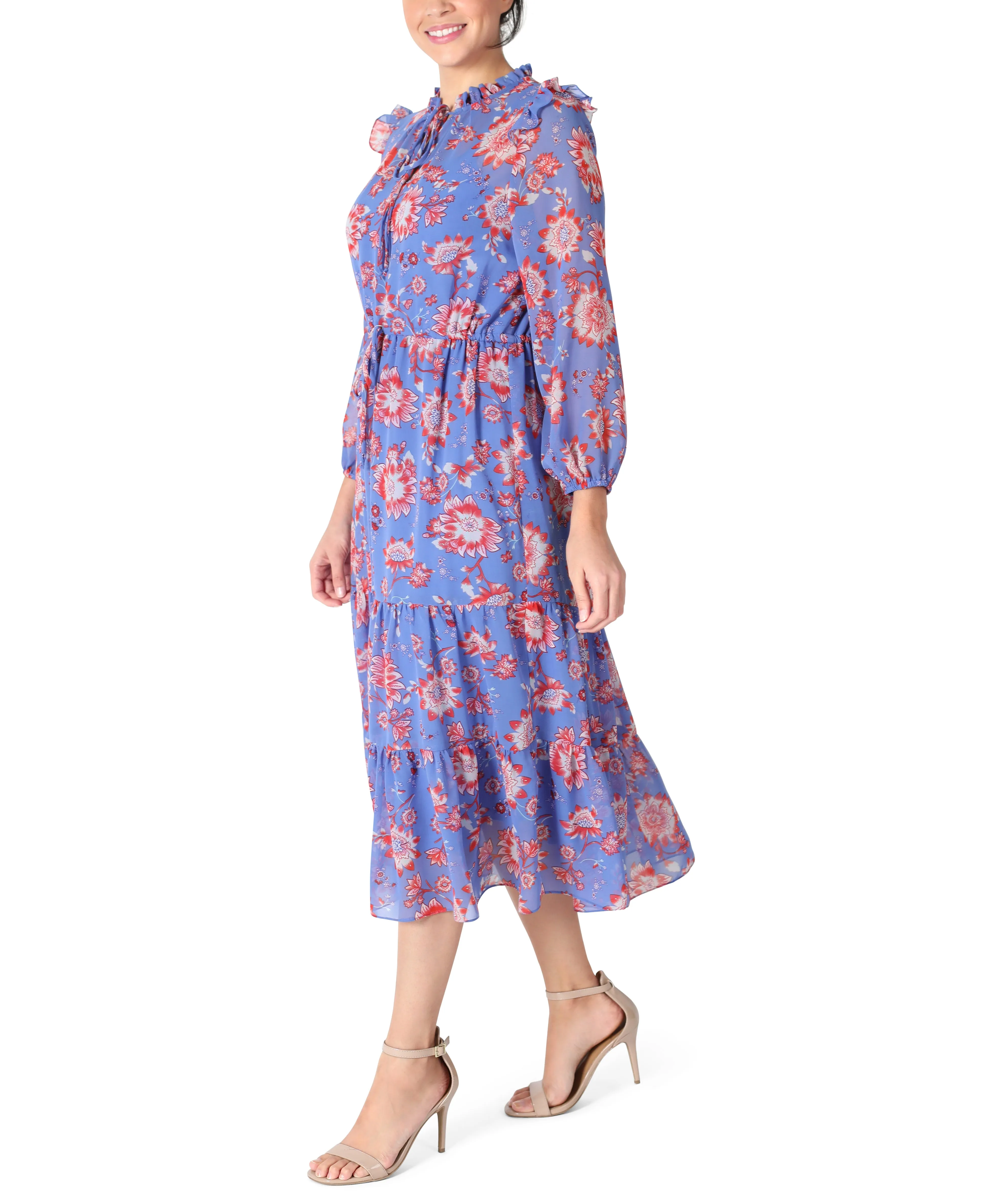 Floral Chiffon Tiered Midi Drawstring Waist