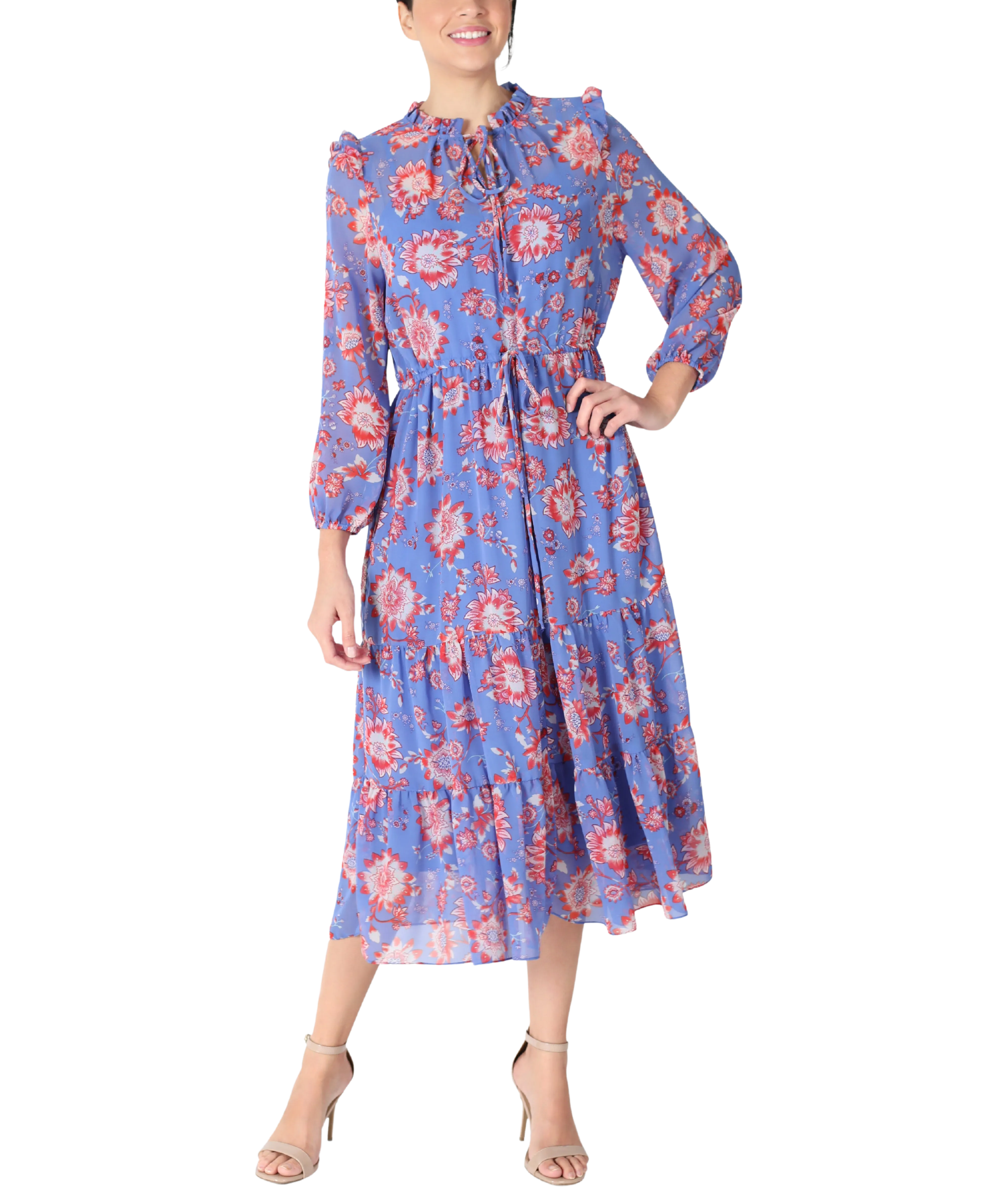 Floral Chiffon Tiered Midi Drawstring Waist