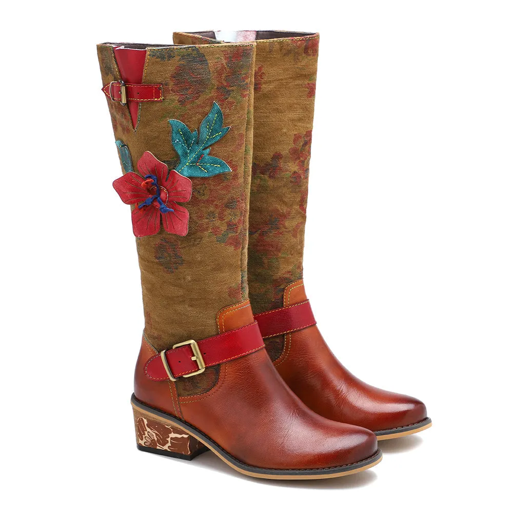 Genuine Leather Applique Distressed Vintage Boho Knee Boots