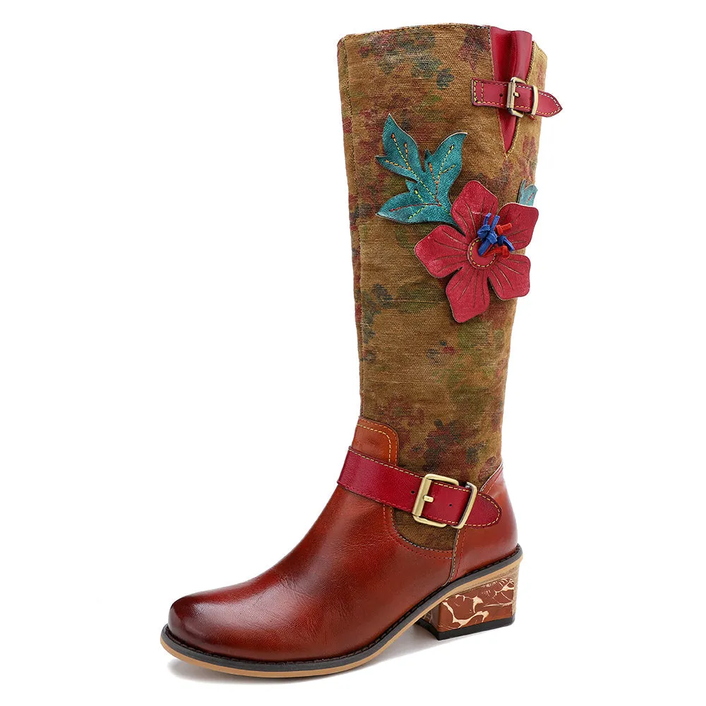 Genuine Leather Applique Distressed Vintage Boho Knee Boots