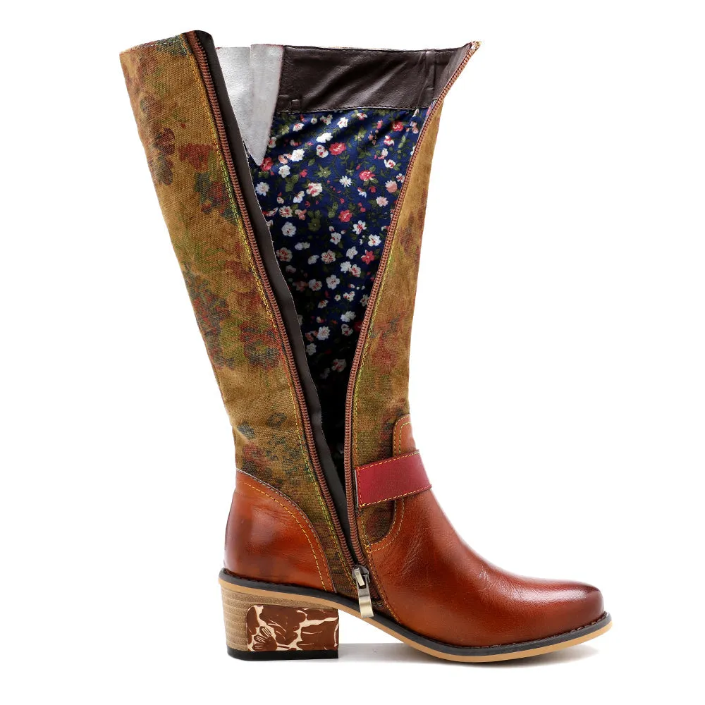 Genuine Leather Applique Distressed Vintage Boho Knee Boots