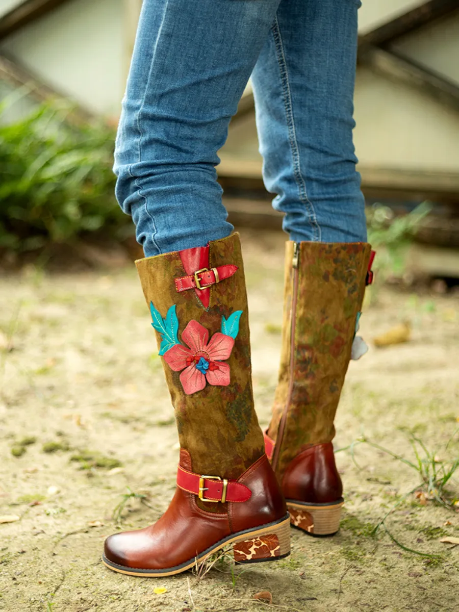 Genuine Leather Applique Distressed Vintage Boho Knee Boots
