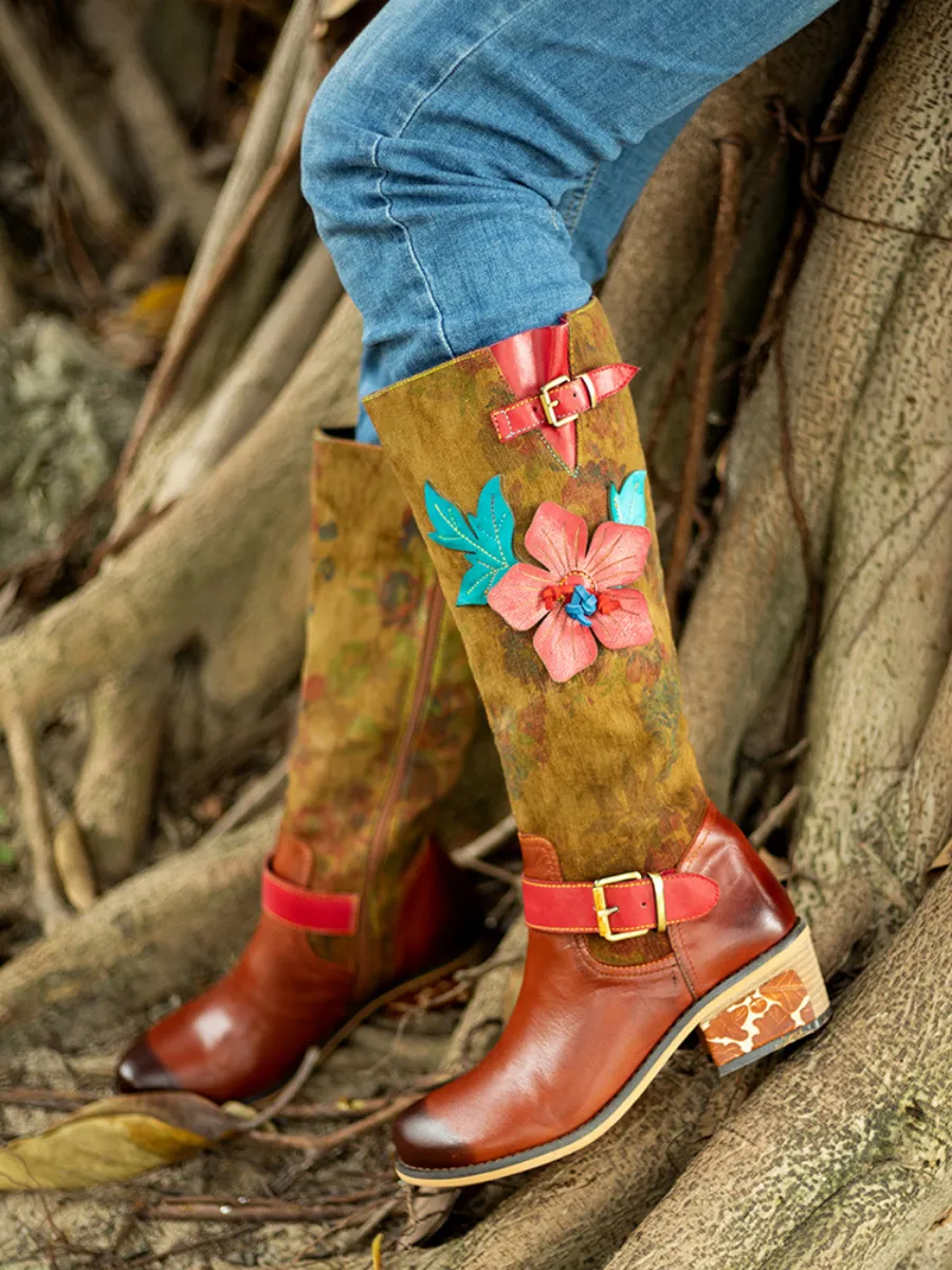 Genuine Leather Applique Distressed Vintage Boho Knee Boots