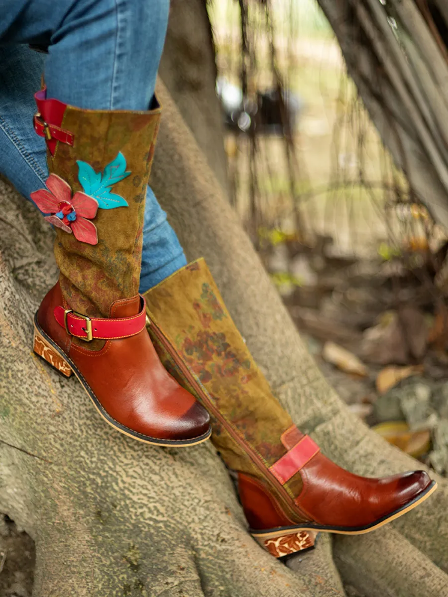 Genuine Leather Applique Distressed Vintage Boho Knee Boots