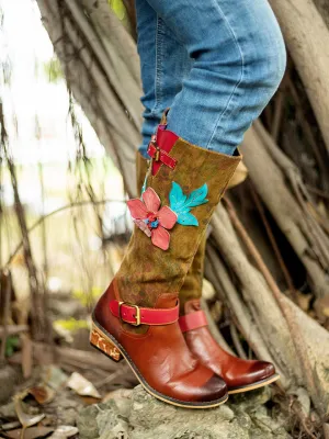 Genuine Leather Applique Distressed Vintage Boho Knee Boots