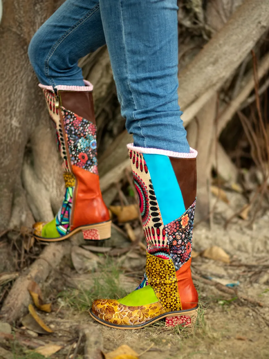 Genuine Leather  Bohofloral Tie-Accent Leather Vintage Knee High Boots