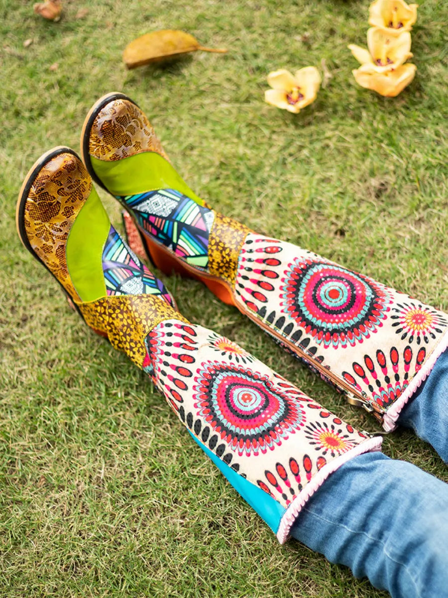 Genuine Leather  Bohofloral Tie-Accent Leather Vintage Knee High Boots