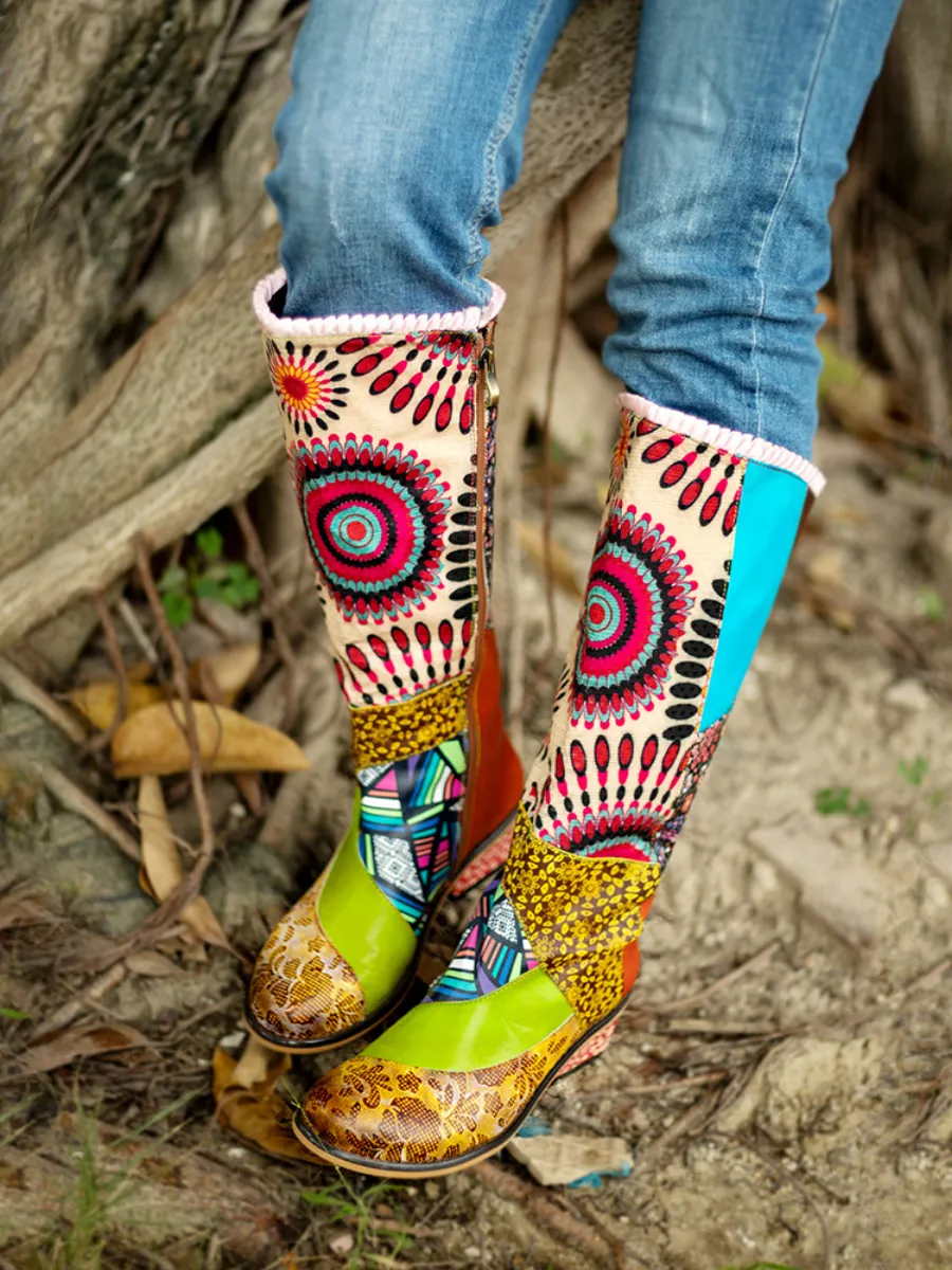 Genuine Leather  Bohofloral Tie-Accent Leather Vintage Knee High Boots