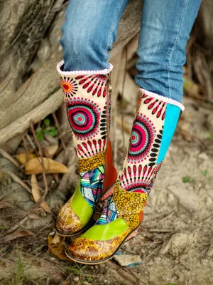 Genuine Leather  Bohofloral Tie-Accent Leather Vintage Knee High Boots