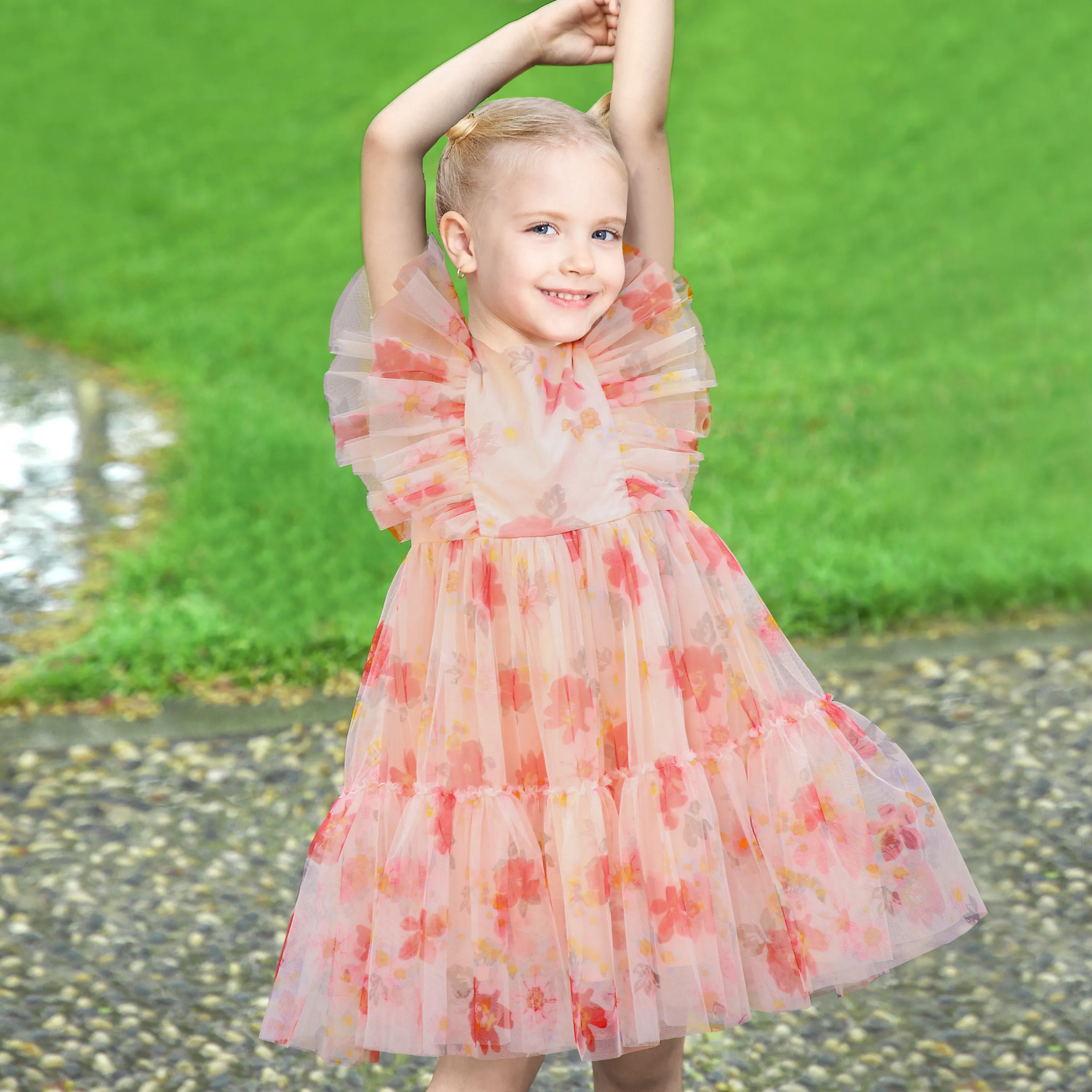 Girls Dress Floral Ruffle Tulle Skirt Flutter Flare Sleeve Size 4-10 Years