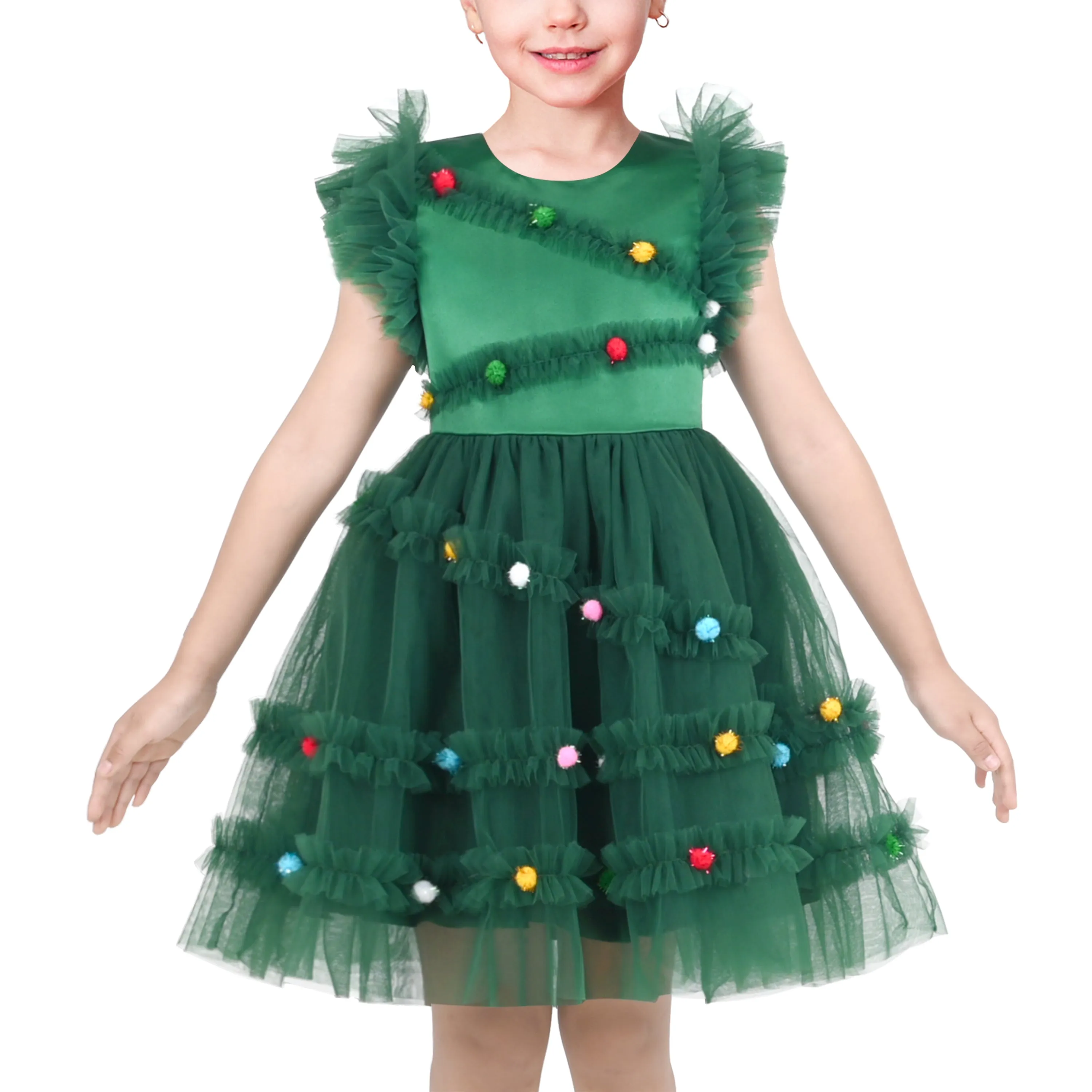 Girls Dress Floral Ruffle Tulle Skirt Flutter Flare Sleeve Size 4-10 Years