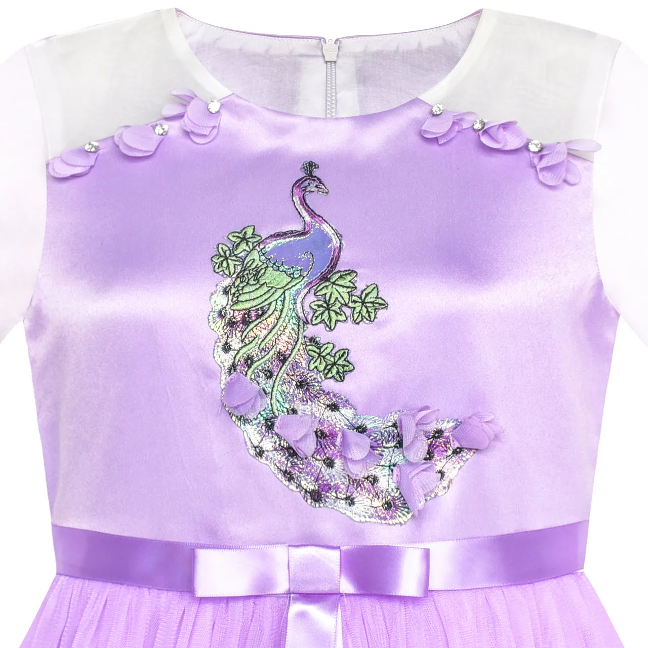 Girls Dress Peacock Illusion Shoulder Bell Sleeve Size 4-14 Years