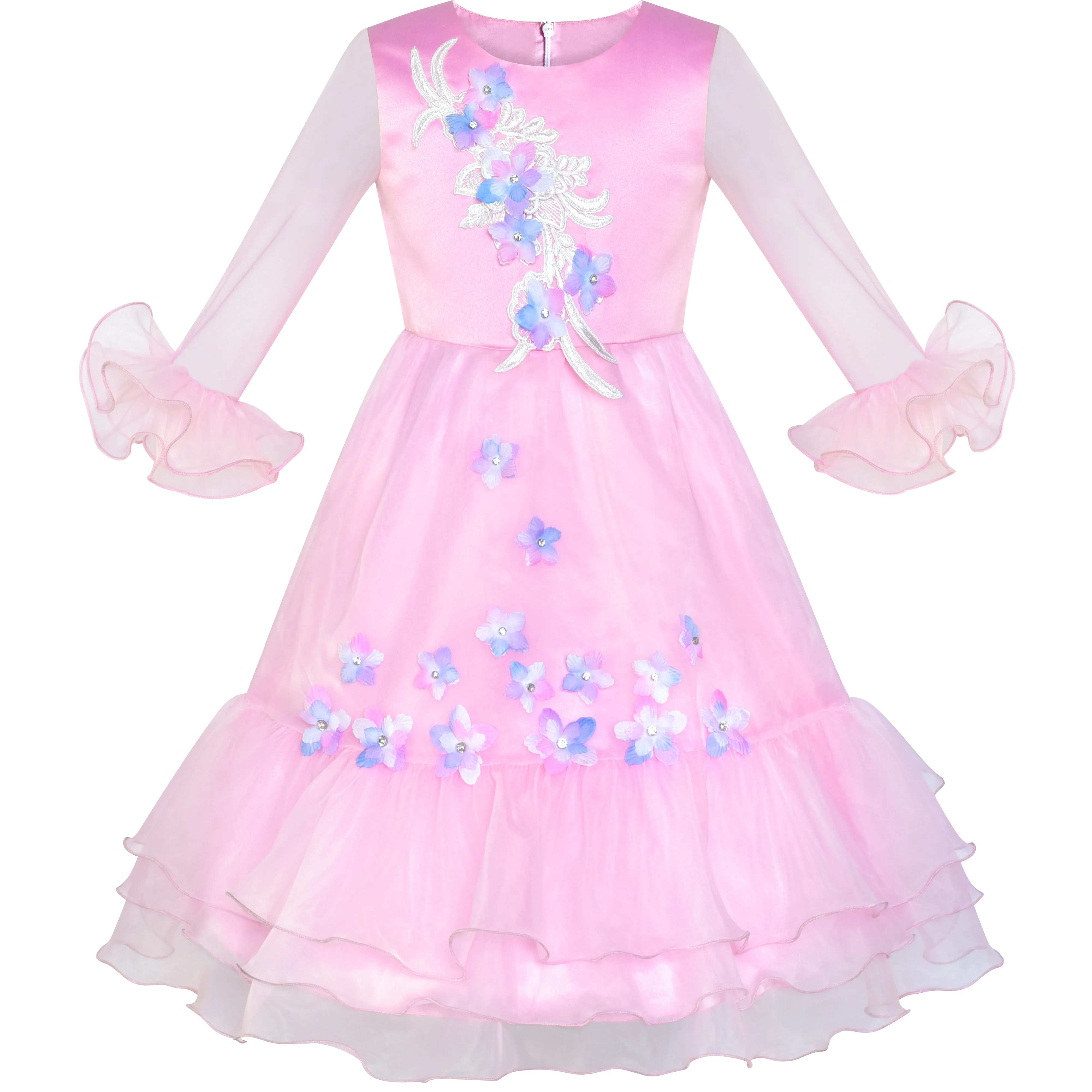 Girls Dress Peacock Illusion Shoulder Bell Sleeve Size 4-14 Years