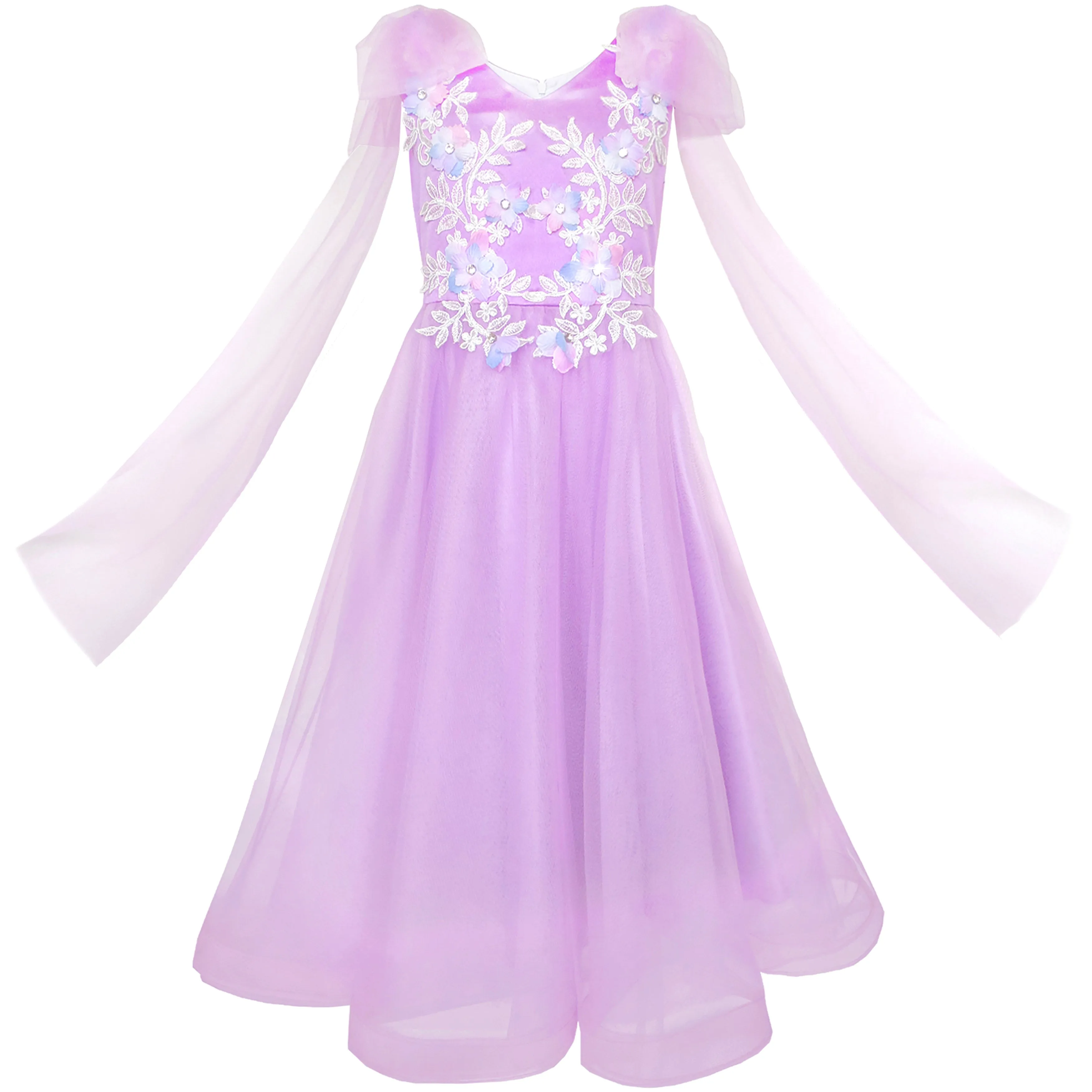 Girls Dress Peacock Illusion Shoulder Bell Sleeve Size 4-14 Years