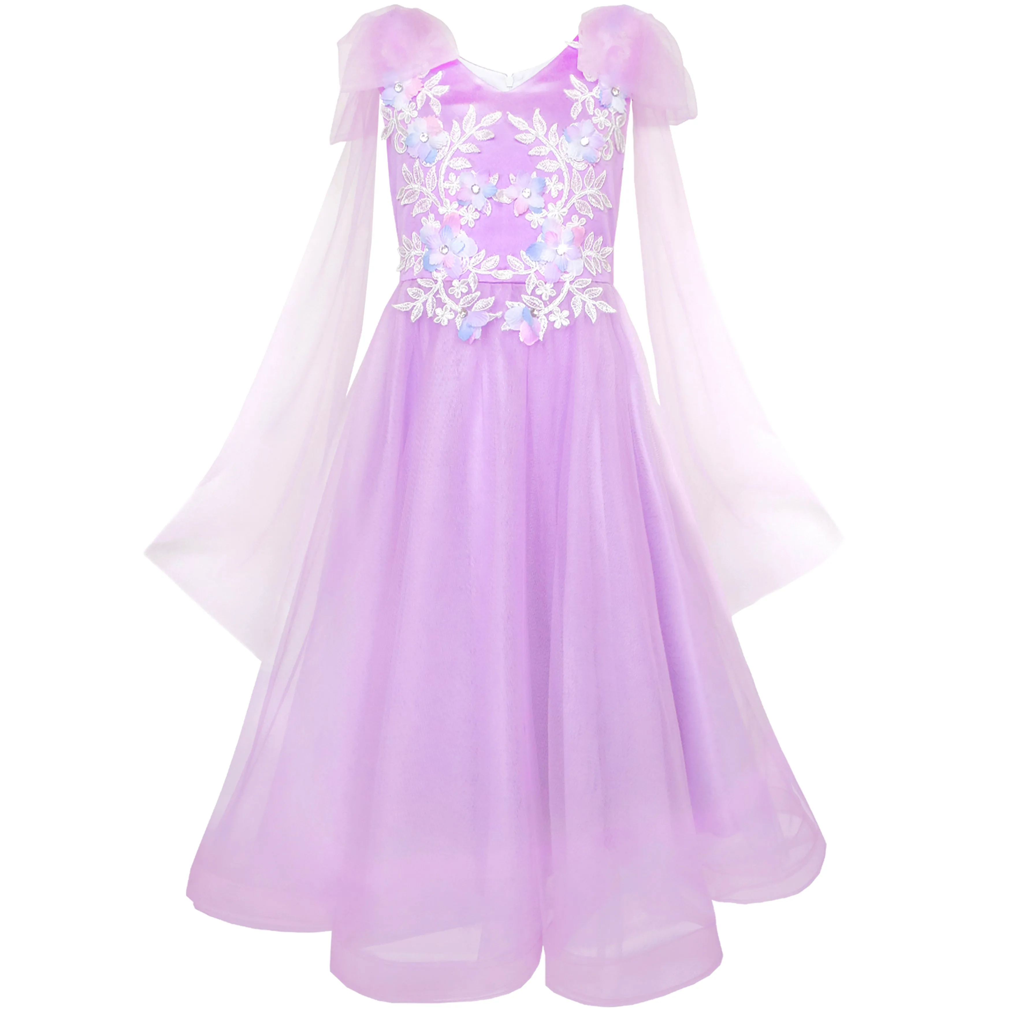 Girls Dress Peacock Illusion Shoulder Bell Sleeve Size 4-14 Years