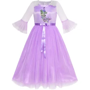 Girls Dress Peacock Illusion Shoulder Bell Sleeve Size 4-14 Years