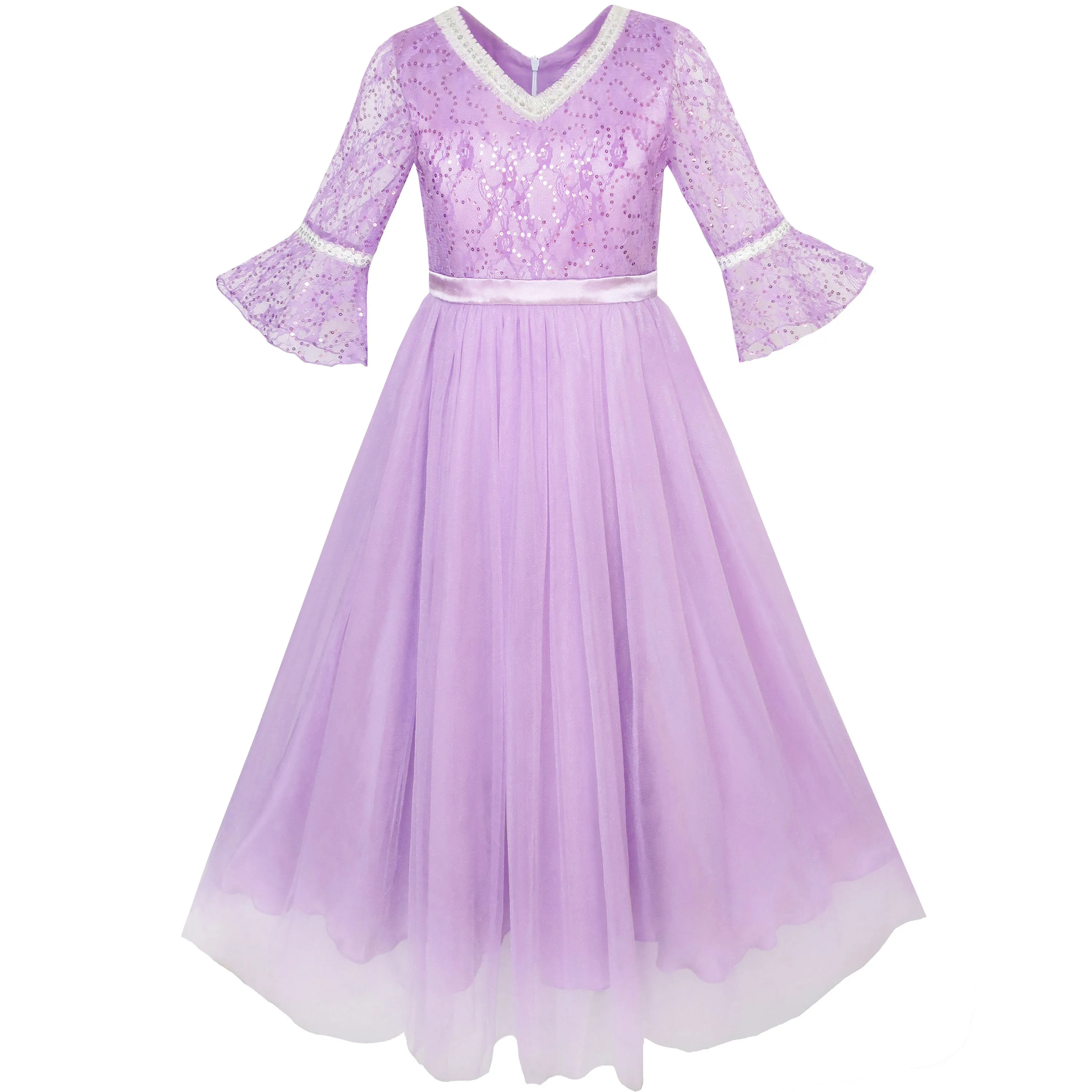 Girls Dress Peacock Illusion Shoulder Bell Sleeve Size 4-14 Years