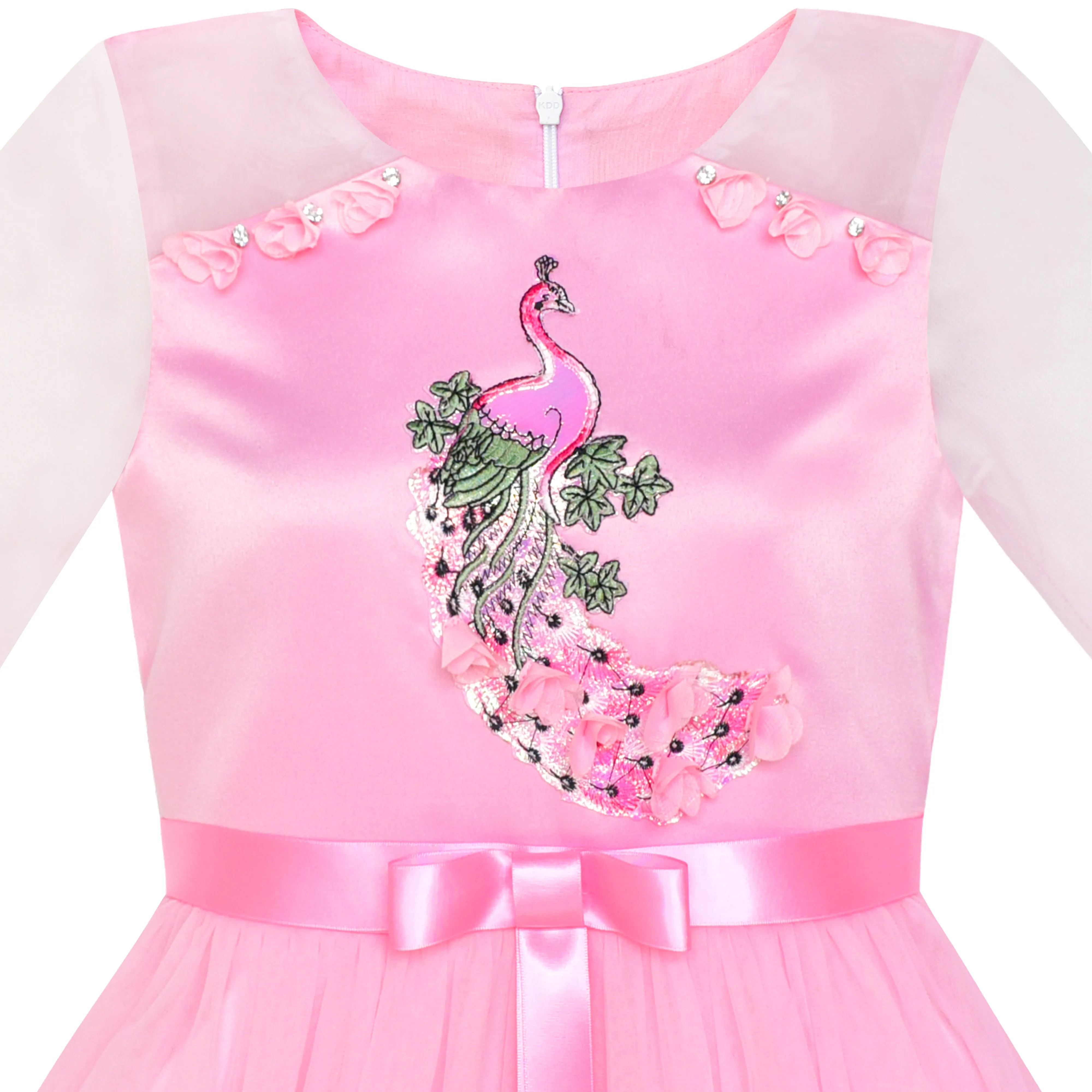 Girls Dress Peacock Illusion Shoulder Bell Sleeve Size 4-14 Years