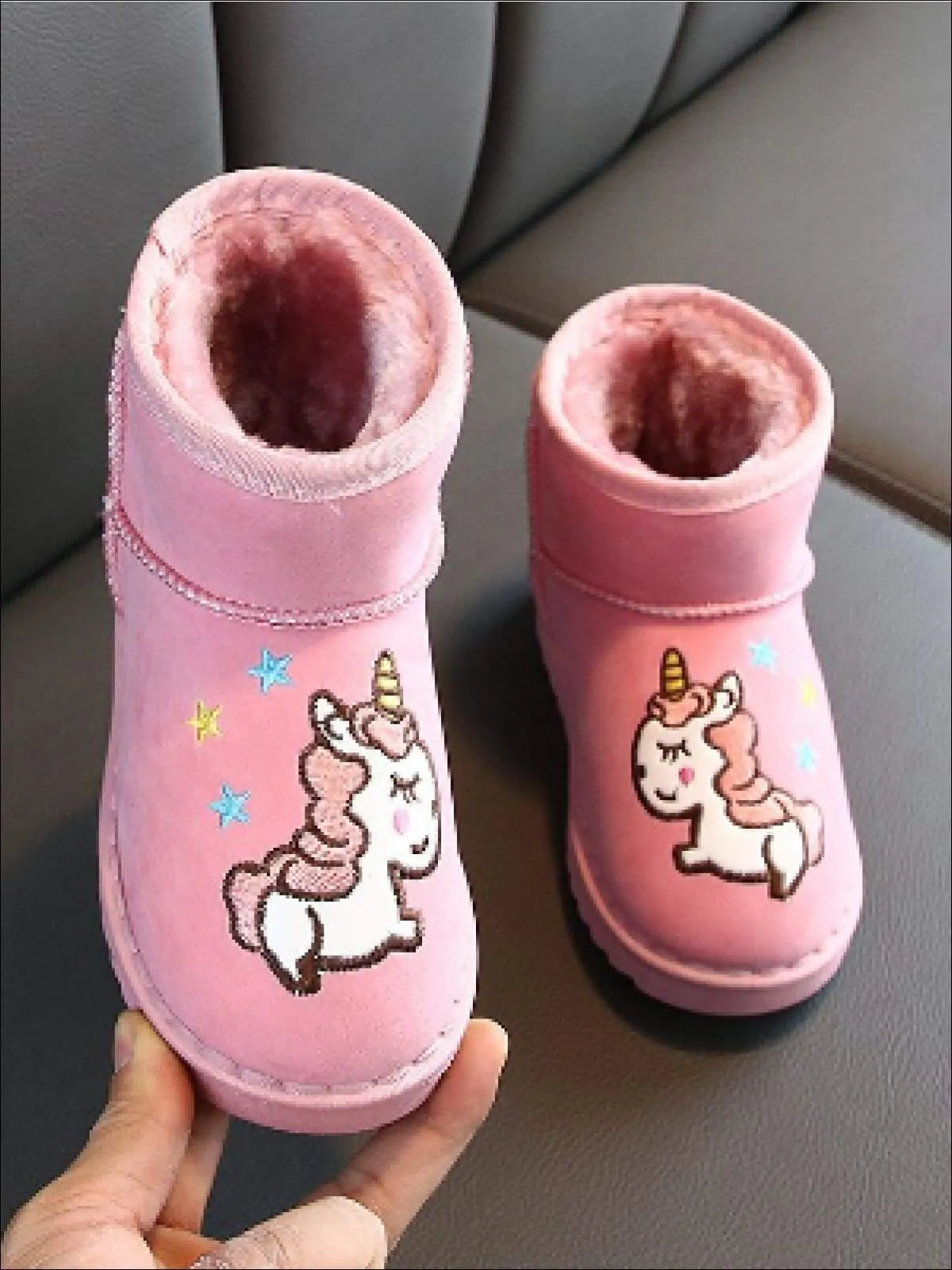 Girls Faux Fur Lined Unicorn Applique Ankle Winter Boots By Liv and Mia
