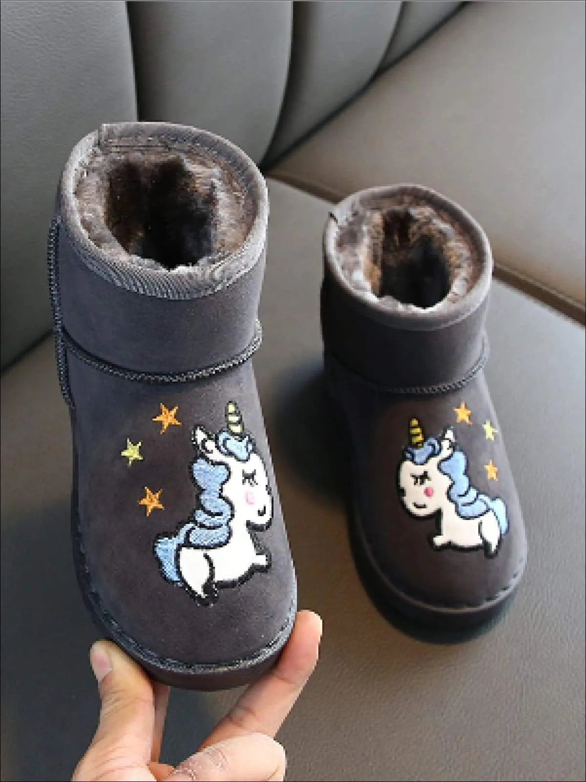 Girls Faux Fur Lined Unicorn Applique Ankle Winter Boots By Liv and Mia