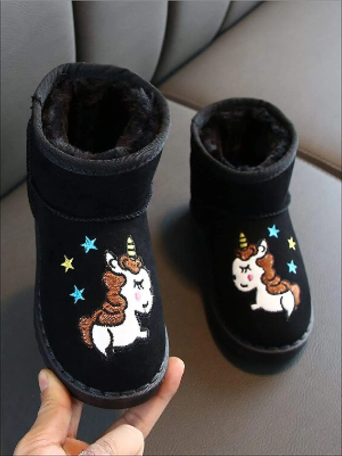 Girls Faux Fur Lined Unicorn Applique Ankle Winter Boots By Liv and Mia