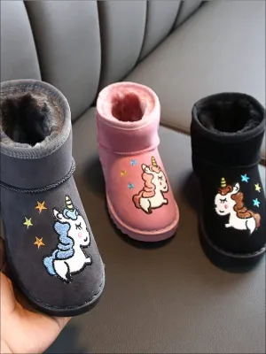 Girls Faux Fur Lined Unicorn Applique Ankle Winter Boots By Liv and Mia