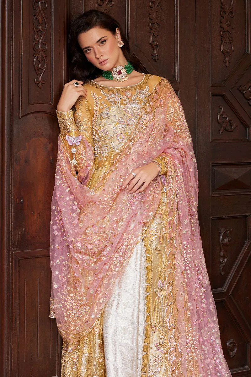 Golden Yellow Embroidered Pakistani Wedding Dress Kameez Farshi Sharara
