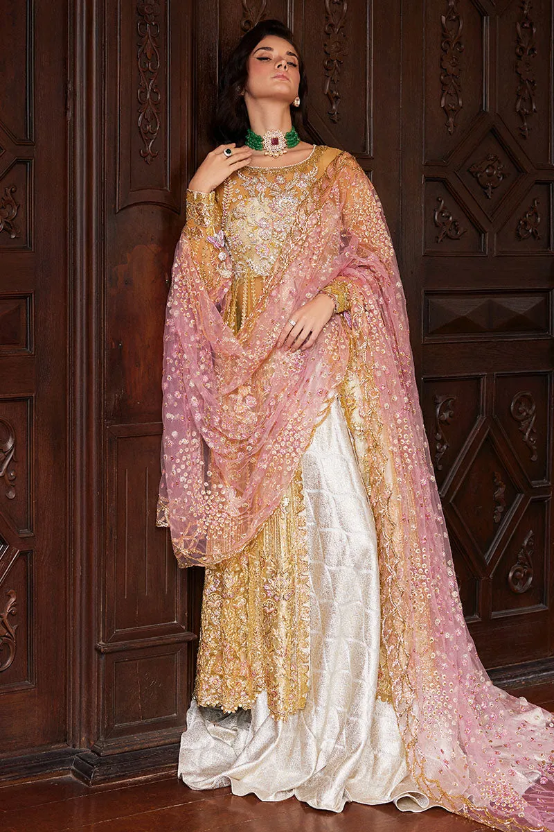 Golden Yellow Embroidered Pakistani Wedding Dress Kameez Farshi Sharara