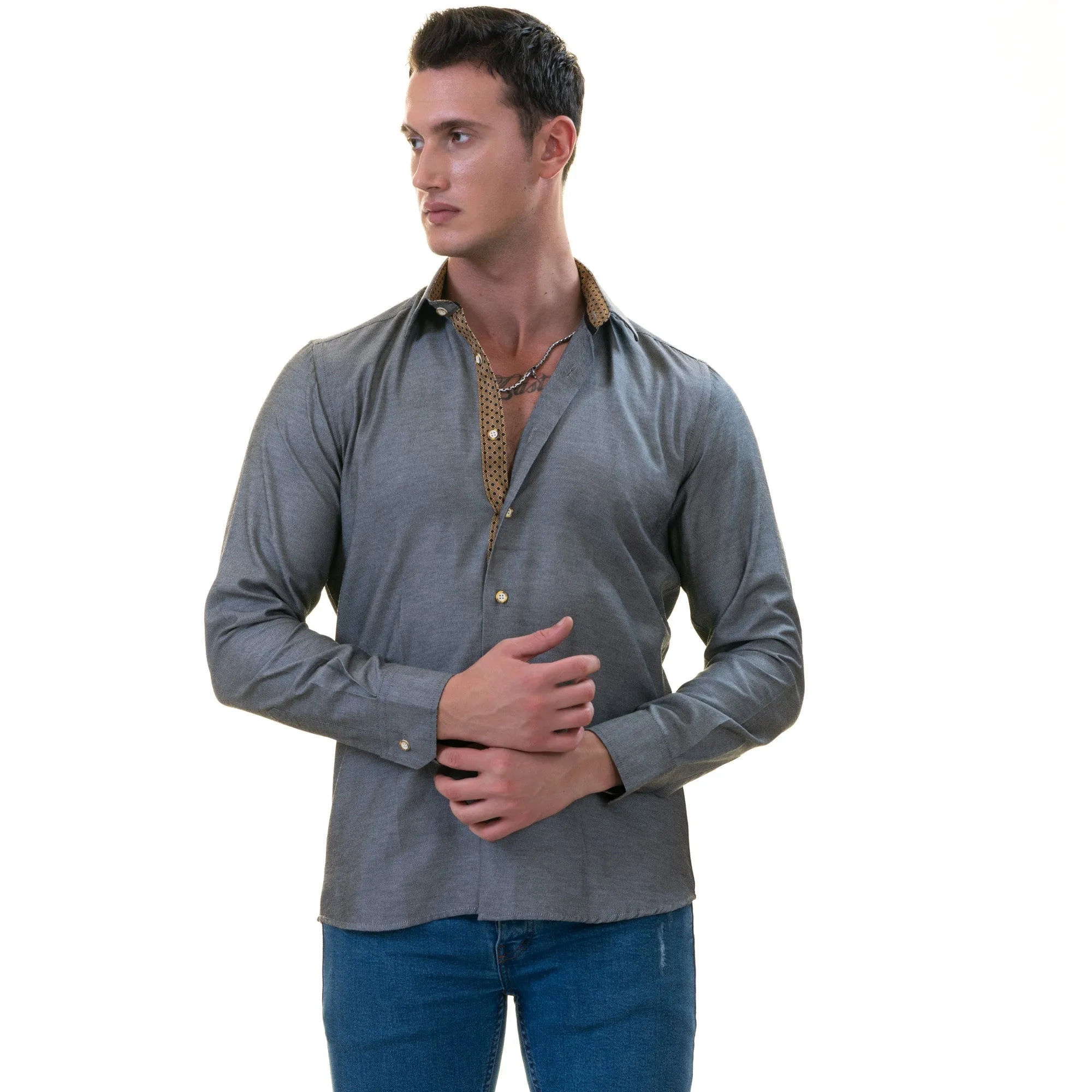 Gray Oxford with Golden Inside Slim Fit Designer Dress Shirt - tailored Cotton Shirts for Work