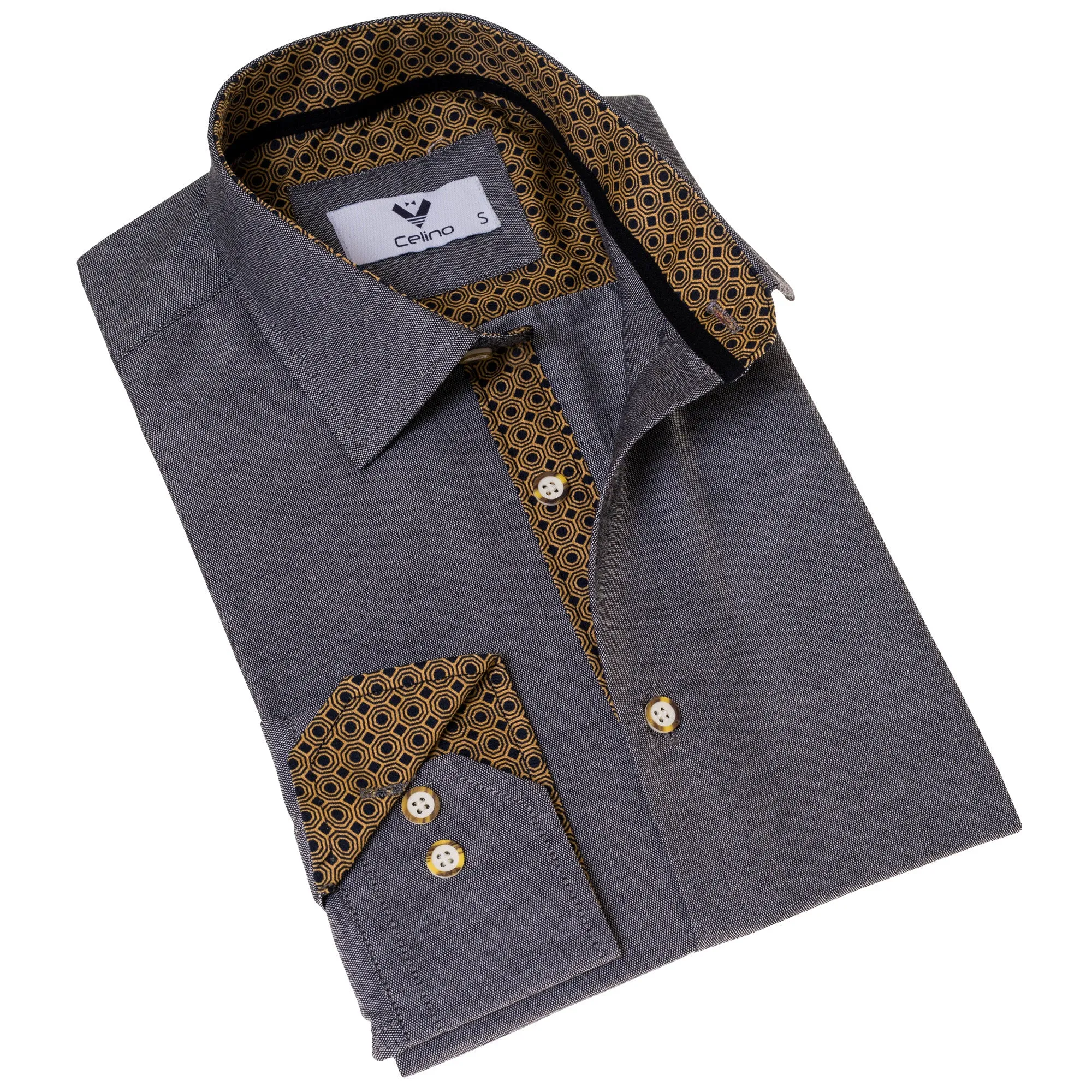 Gray Oxford with Golden Inside Slim Fit Designer Dress Shirt - tailored Cotton Shirts for Work