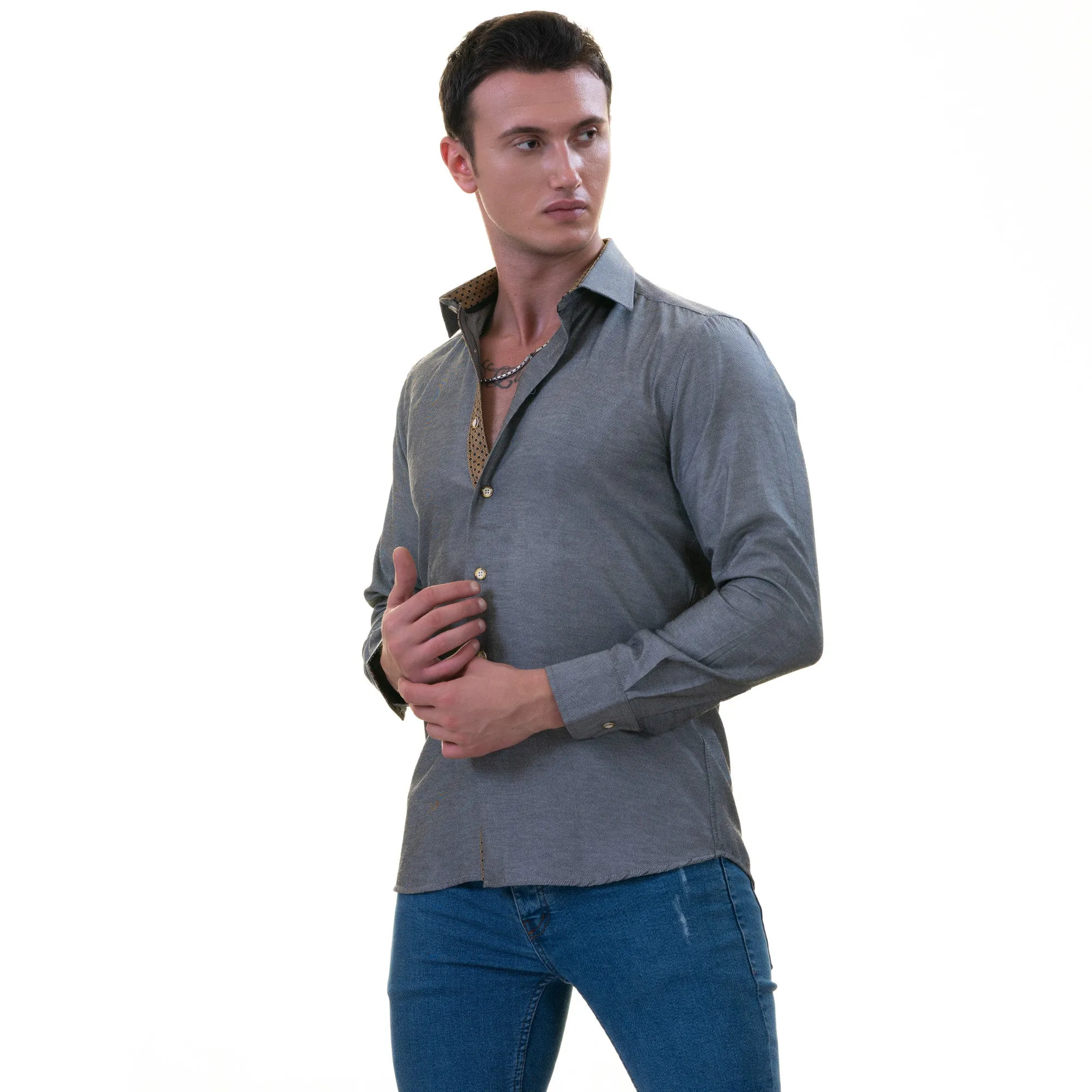 Gray Oxford with Golden Inside Slim Fit Designer Dress Shirt - tailored Cotton Shirts for Work