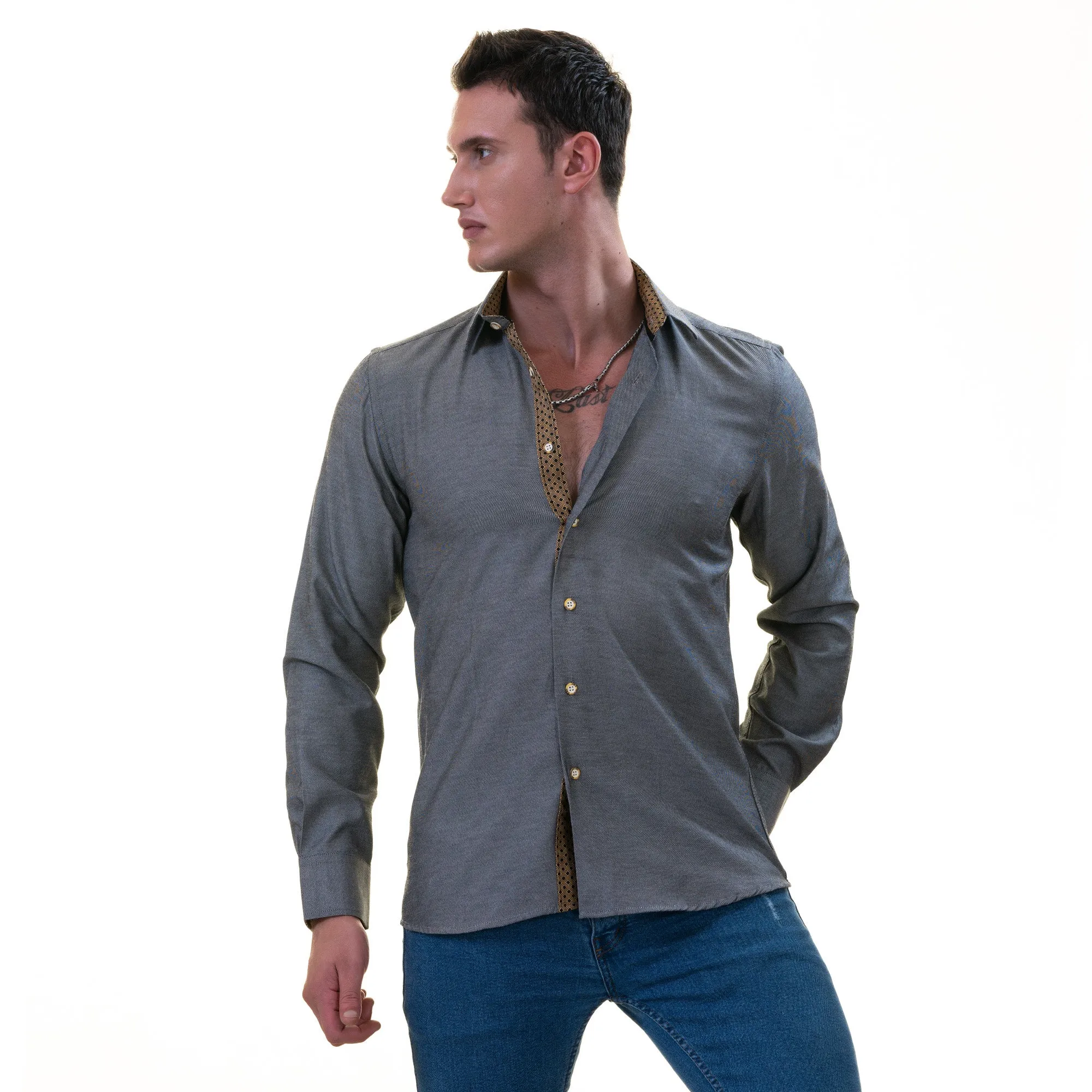 Gray Oxford with Golden Inside Slim Fit Designer Dress Shirt - tailored Cotton Shirts for Work