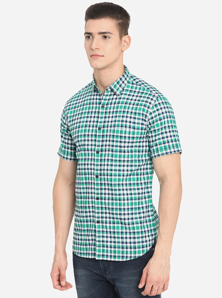 Green Checked Slim Fit Semi Casual Shirt | Greenfibre