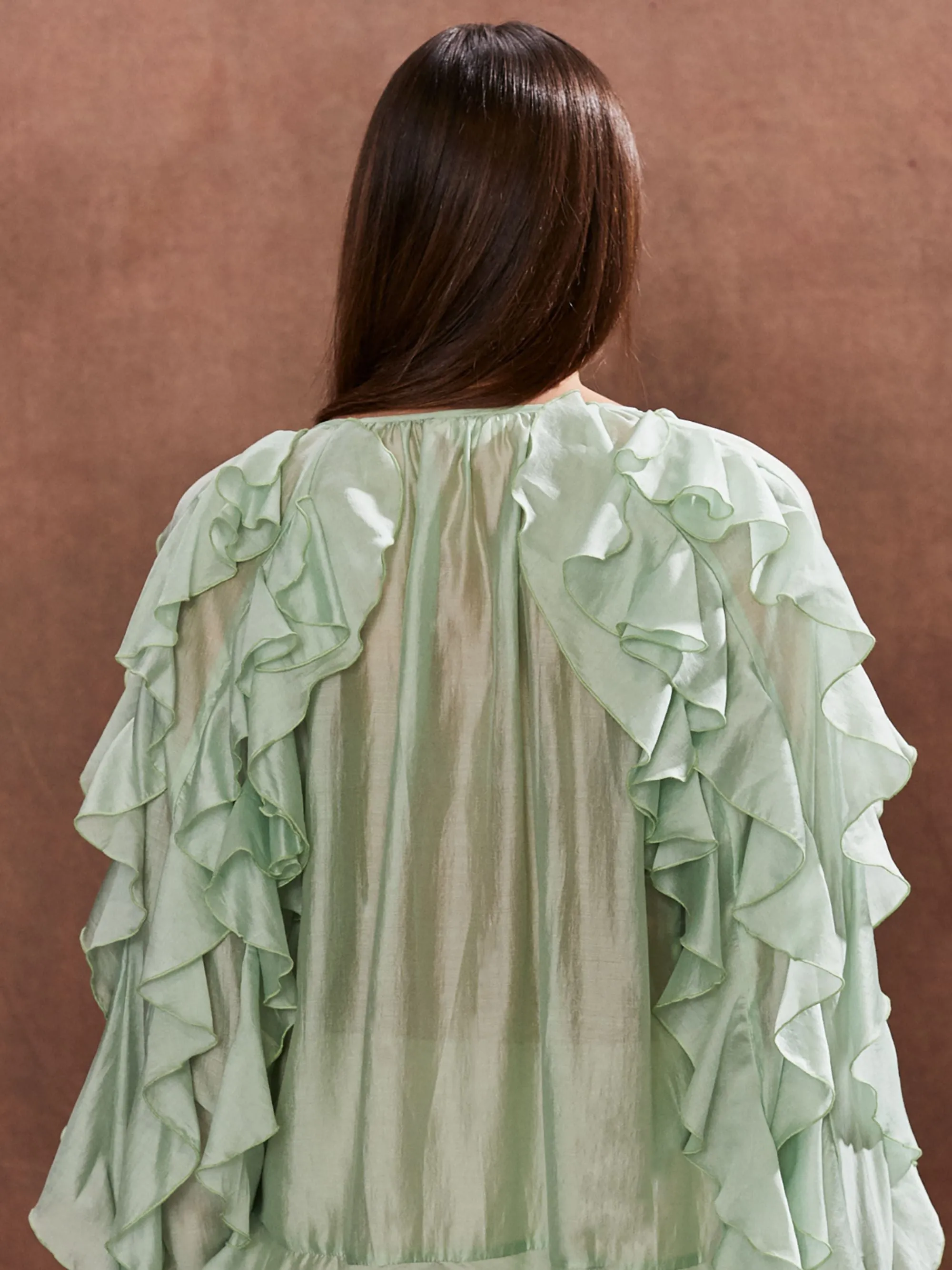 Green Ruffle-Detail Boho Blouse