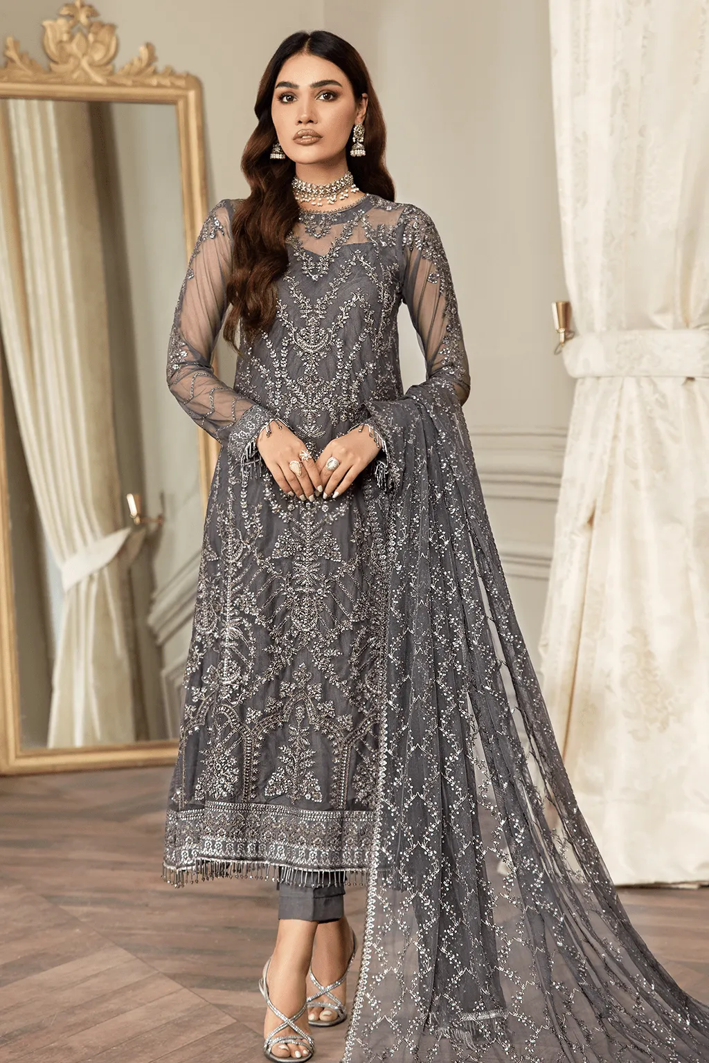 Grey Long Embroidered Kameez in Capri Style Party Wear