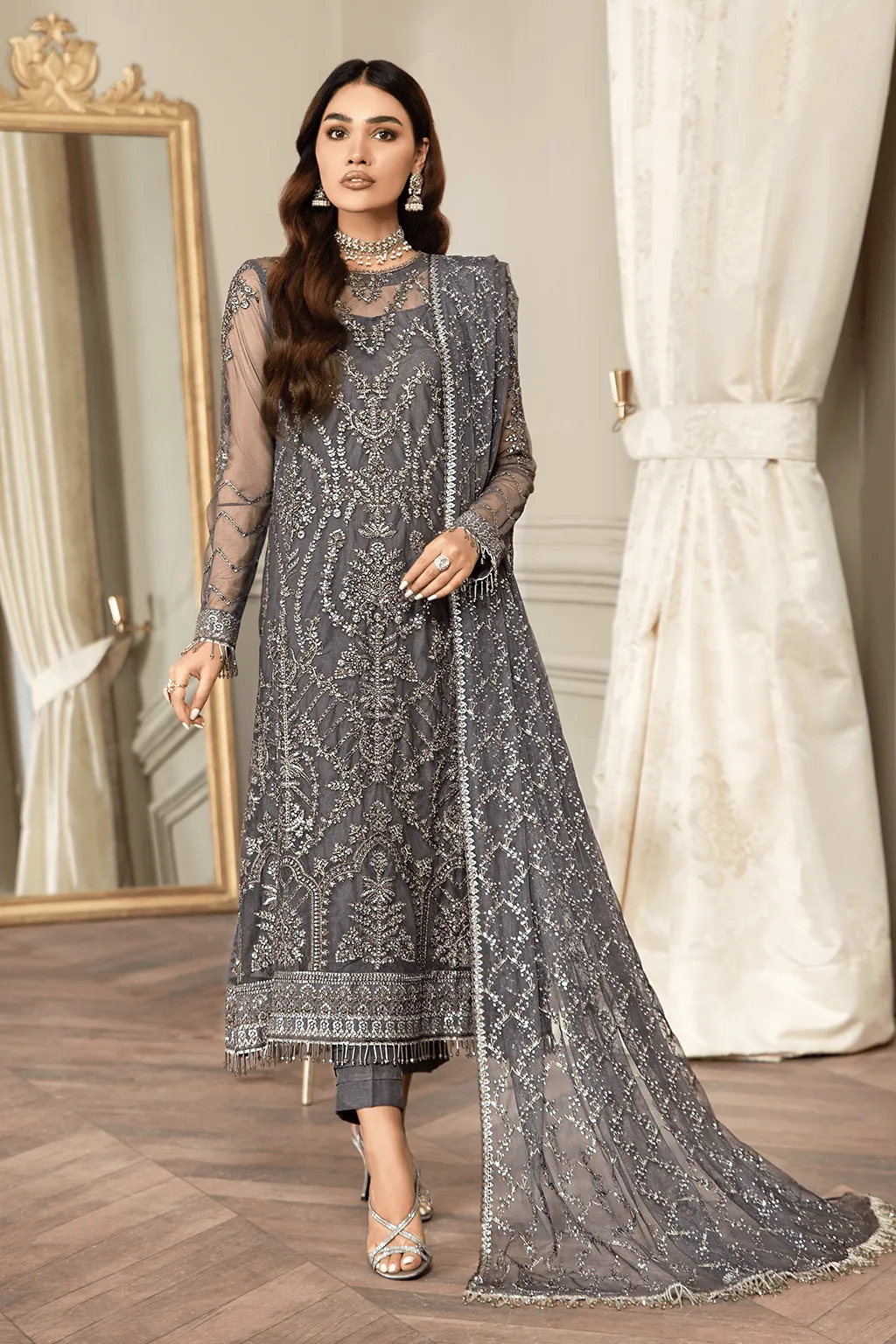 Grey Long Embroidered Kameez in Capri Style Party Wear