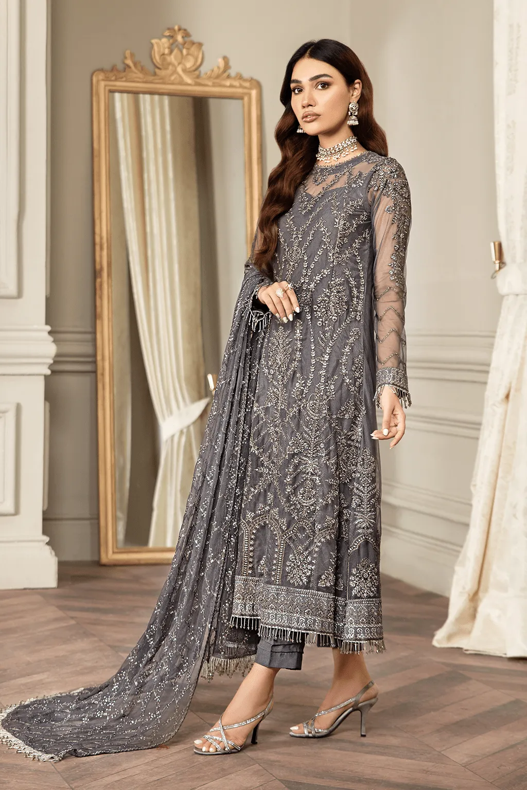 Grey Long Embroidered Kameez in Capri Style Party Wear
